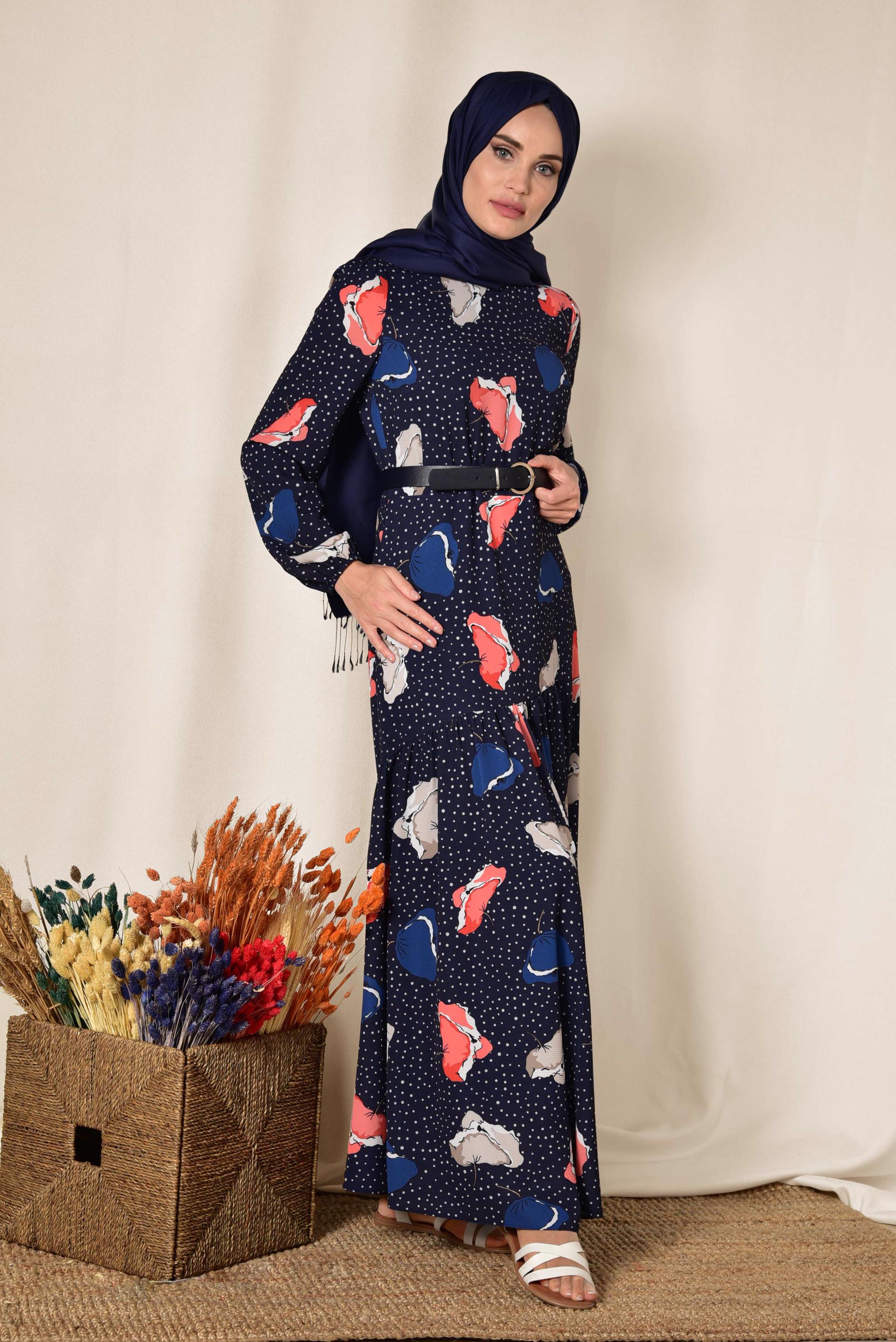 Tesettür giyim LACİVERT KEMER DETAYLI DESENLİ ELBİSE 4106