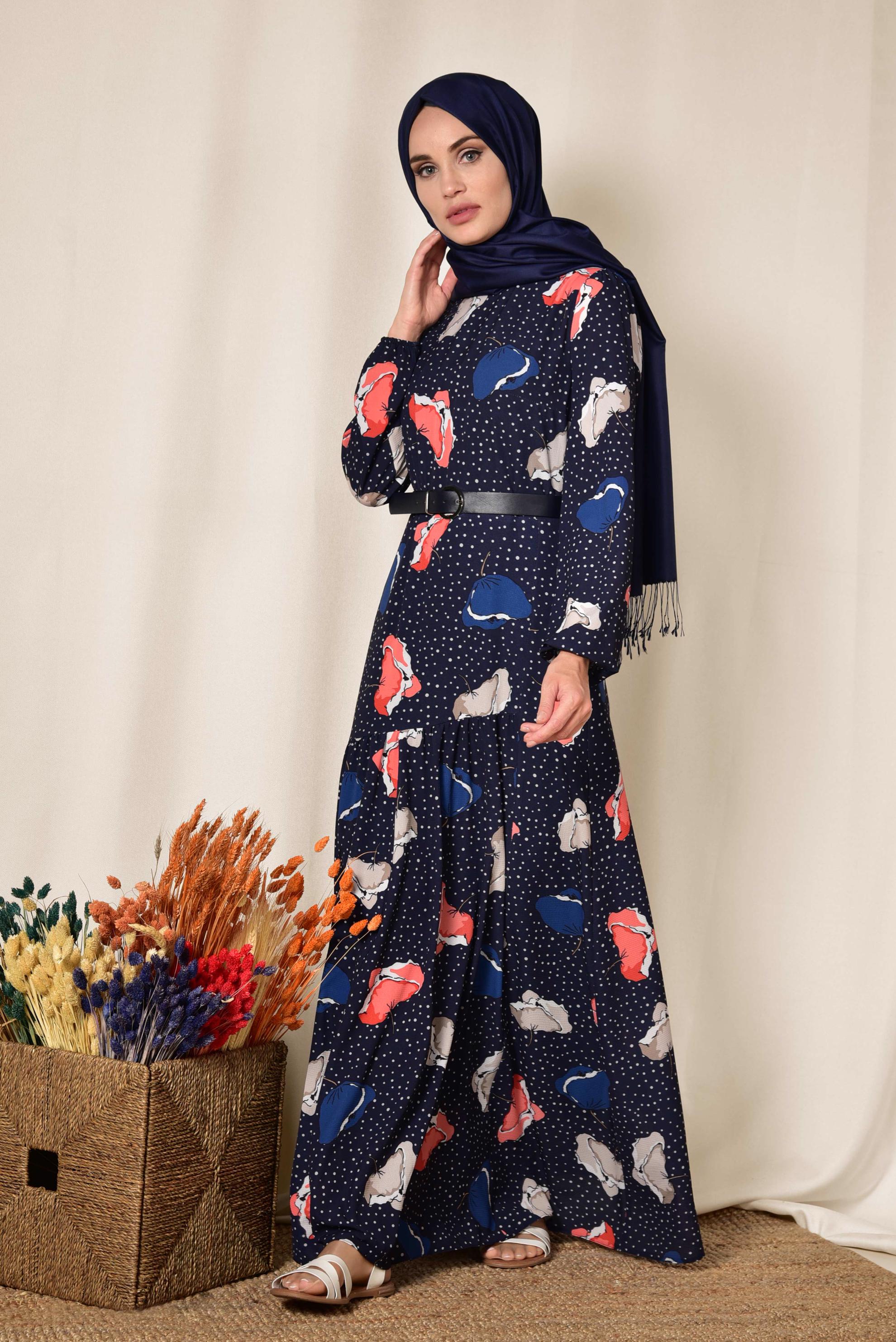 Tesettür giyim LACİVERT KEMER DETAYLI DESENLİ ELBİSE 4106