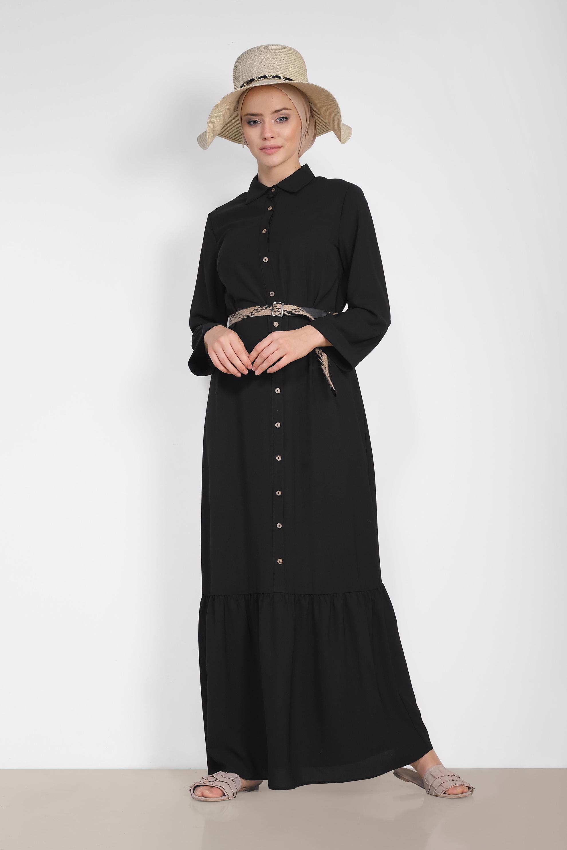 Tesettür giyim SİYAH ÖNDEN DÜĞMELİ ERKEK YAKA UZUN ELBİSE 4128