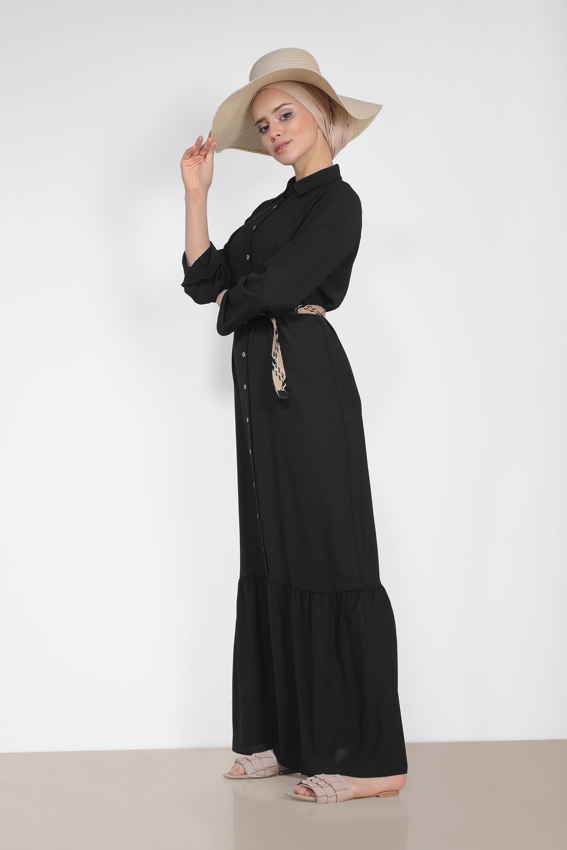 Tesettür giyim SİYAH ÖNDEN DÜĞMELİ ERKEK YAKA UZUN ELBİSE 4128