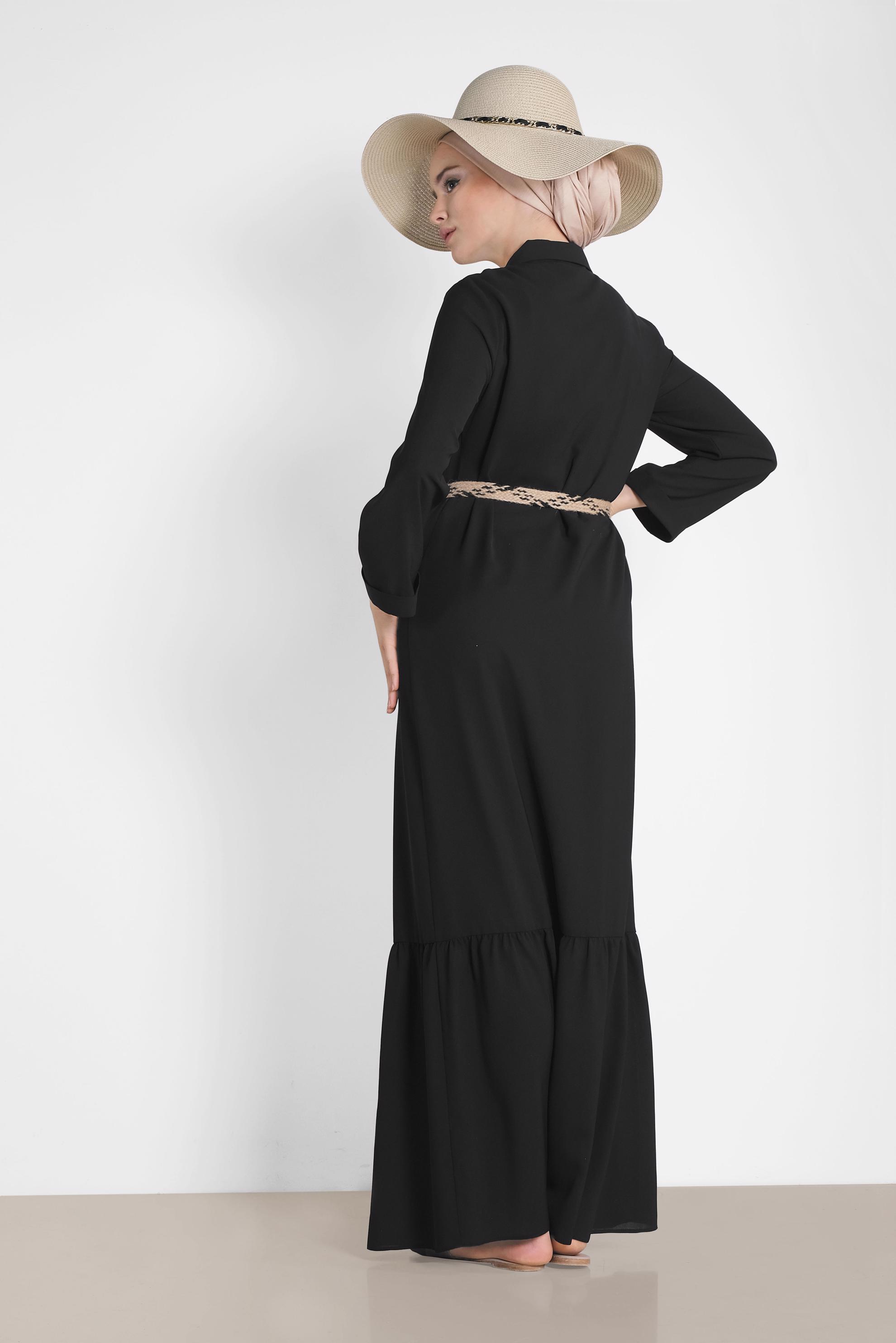 Tesettür giyim SİYAH ÖNDEN DÜĞMELİ ERKEK YAKA UZUN ELBİSE 4128