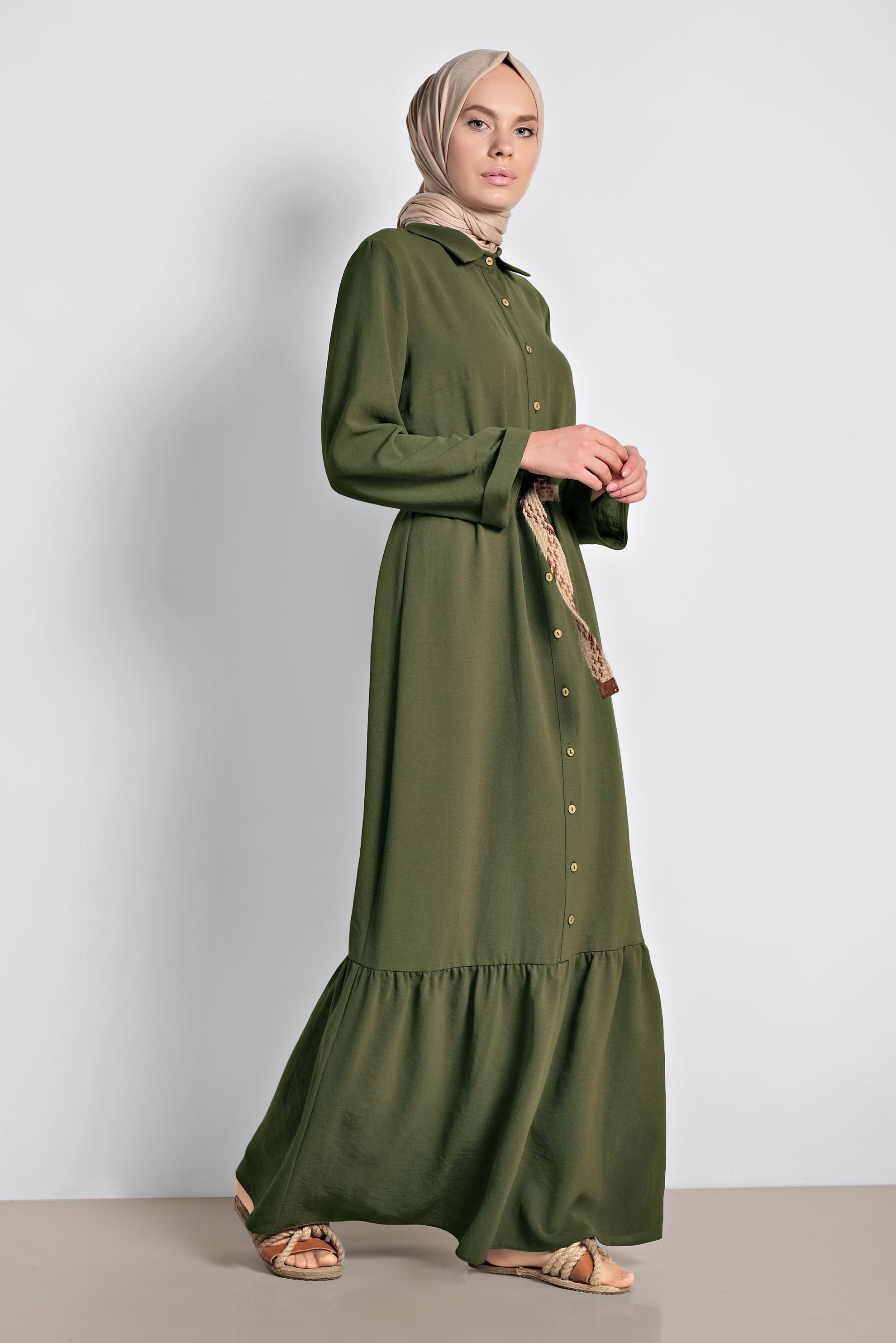 Tesettür giyim HAKİ ÖNDEN DÜĞMELİ ERKEK YAKA UZUN ELBİSE 4128