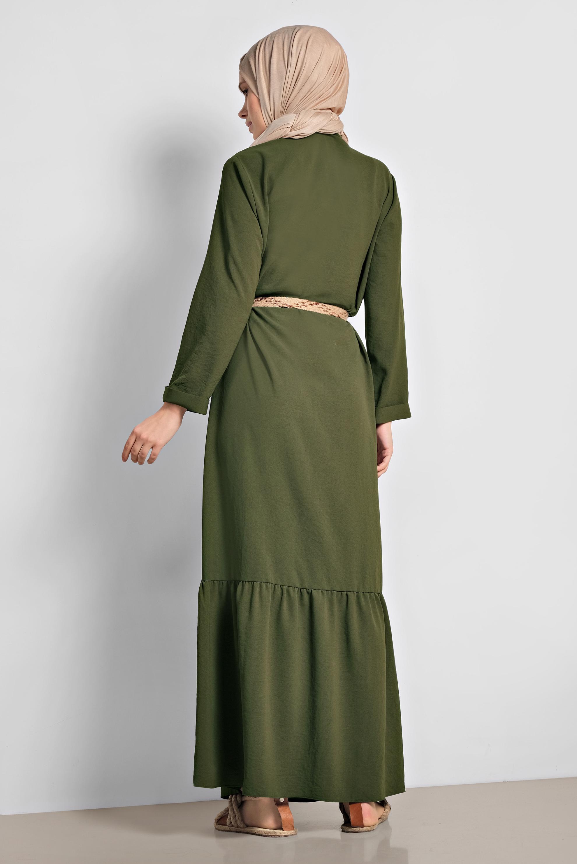 Tesettür giyim HAKİ ÖNDEN DÜĞMELİ ERKEK YAKA UZUN ELBİSE 4128