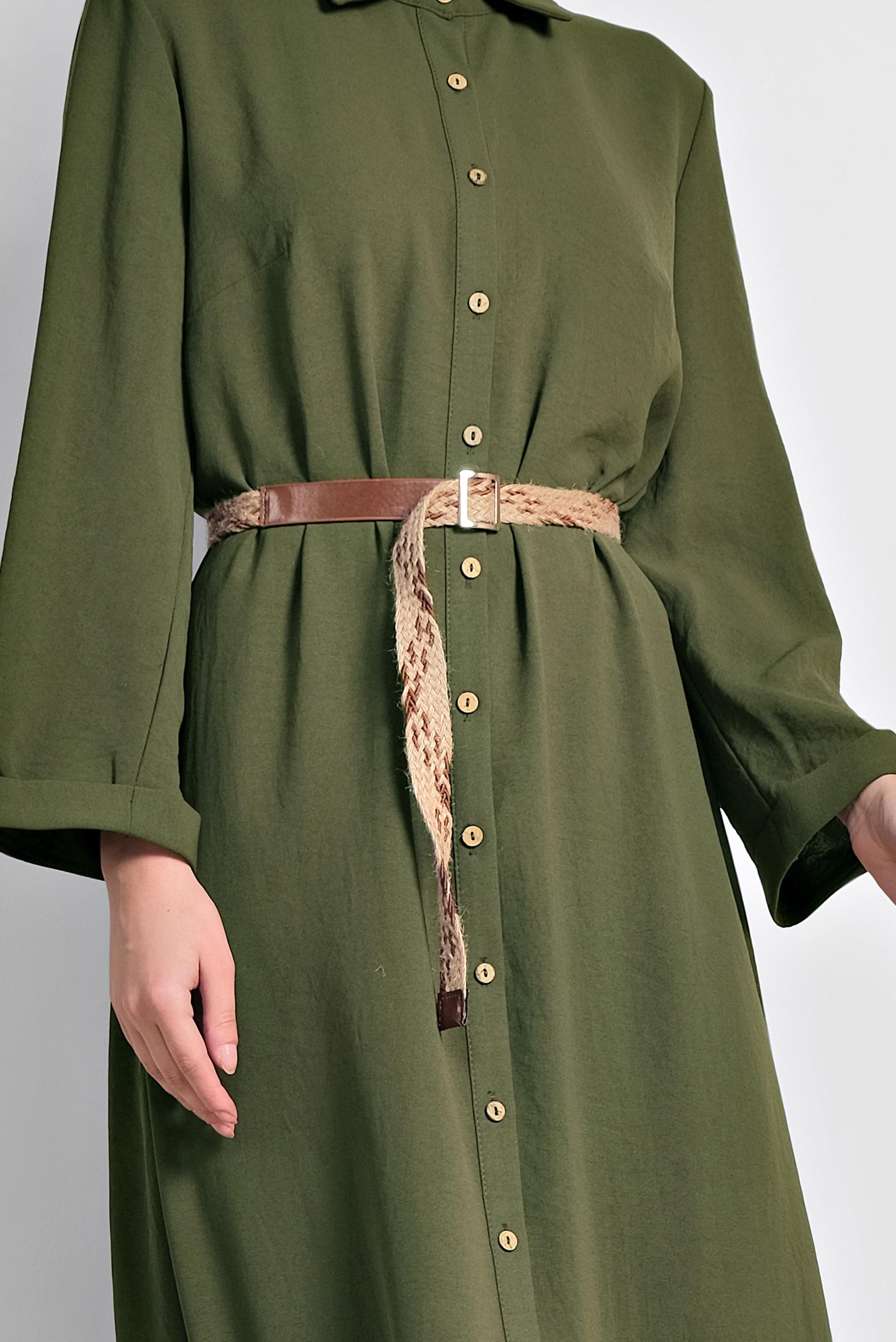 Tesettür giyim HAKİ ÖNDEN DÜĞMELİ ERKEK YAKA UZUN ELBİSE 4128