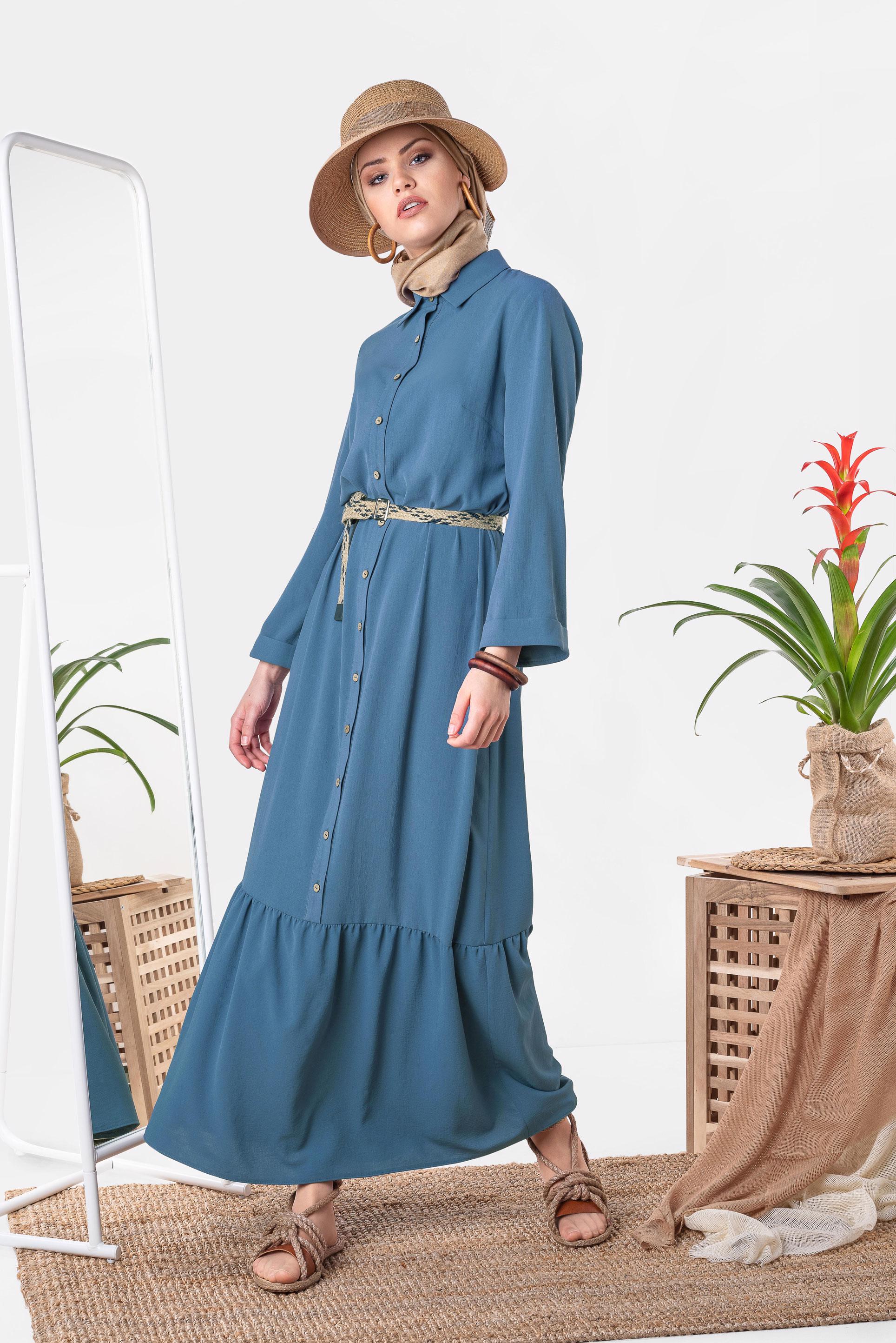 Tesettür giyim LACİVERT ÖNDEN DÜĞMELİ ERKEK YAKA UZUN ELBİSE 4128