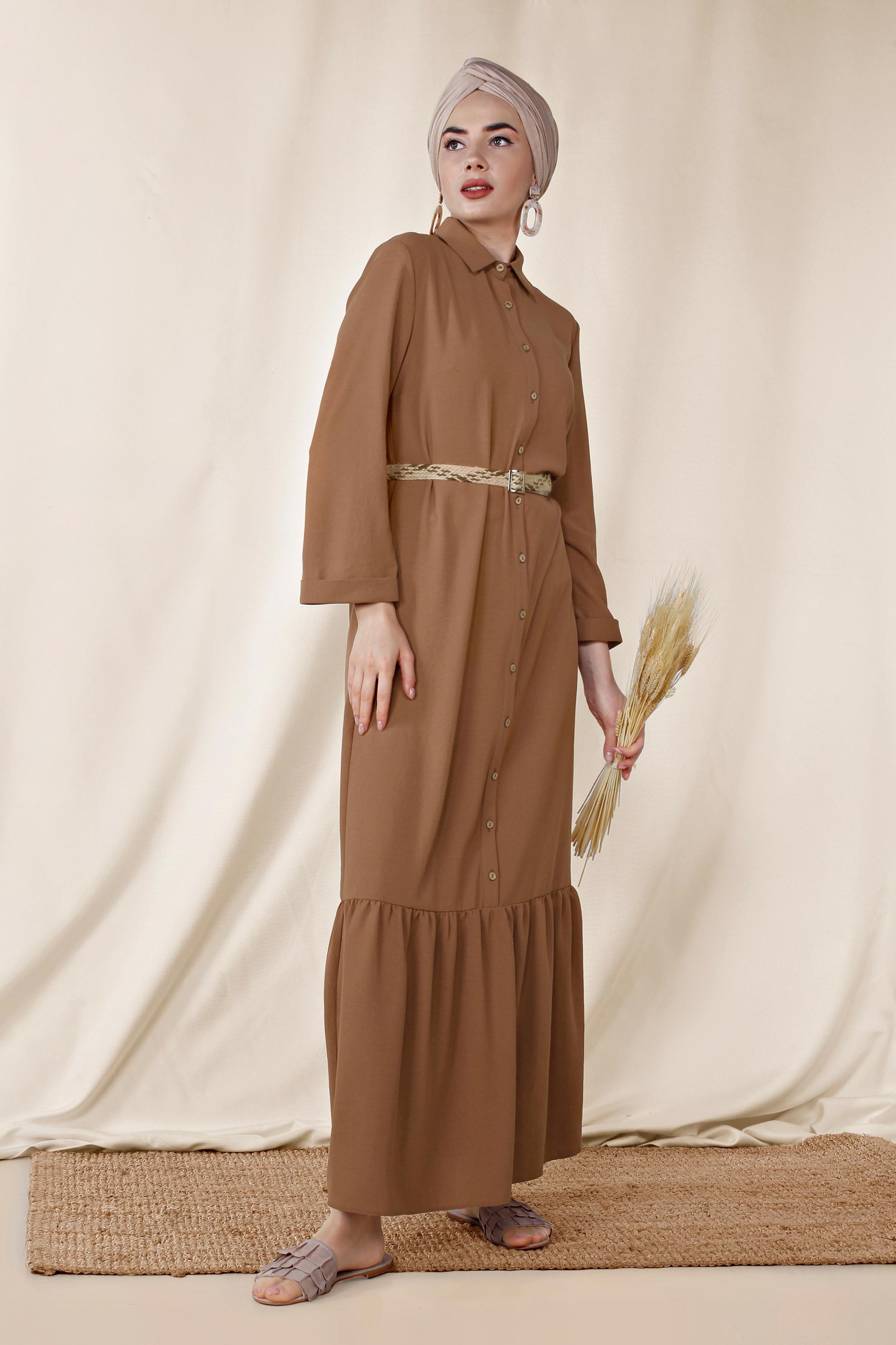 Tesettür giyim KAHVE ÖNDEN DÜĞMELİ ERKEK YAKA UZUN ELBİSE 4128