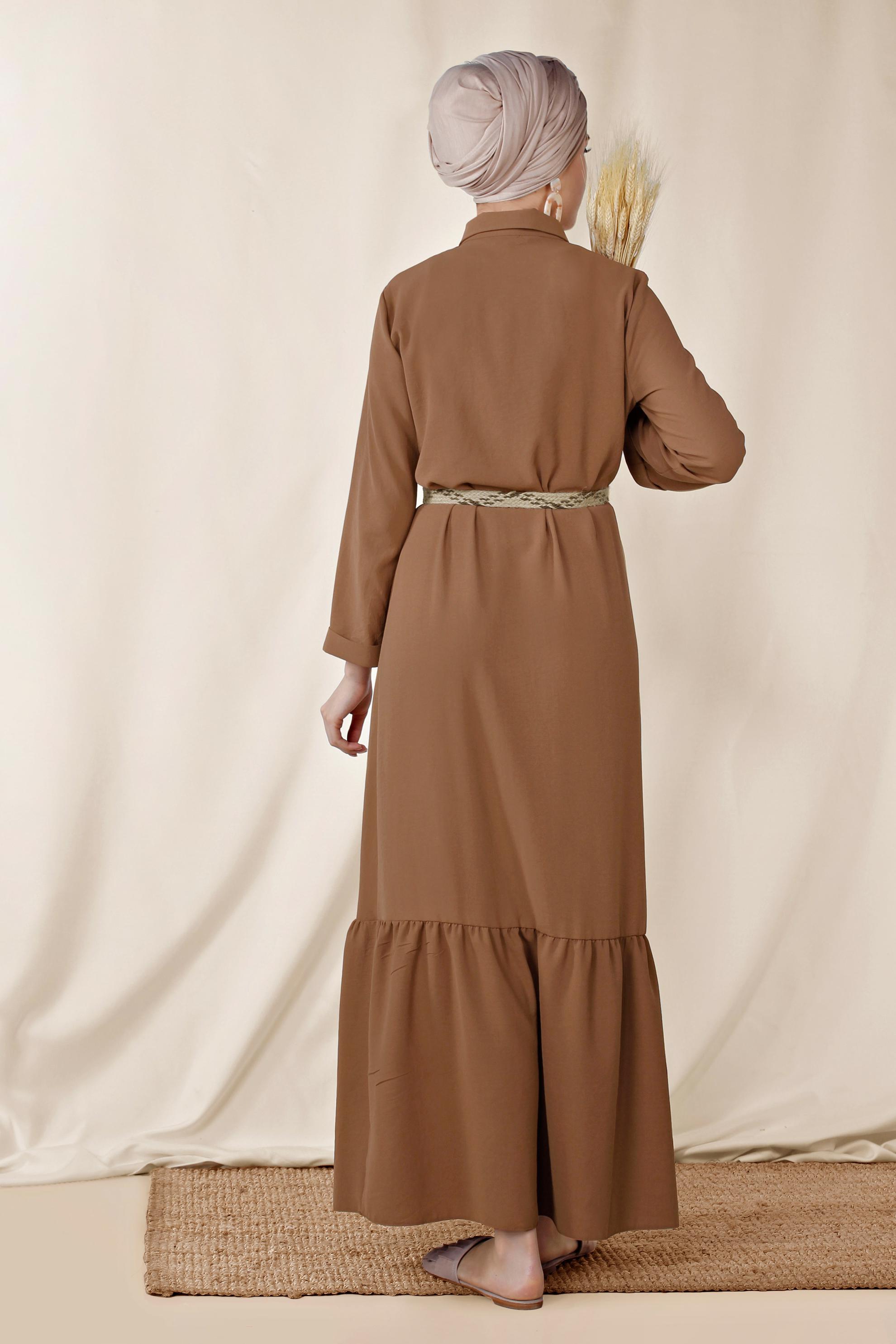 Tesettür giyim KAHVE ÖNDEN DÜĞMELİ ERKEK YAKA UZUN ELBİSE 4128