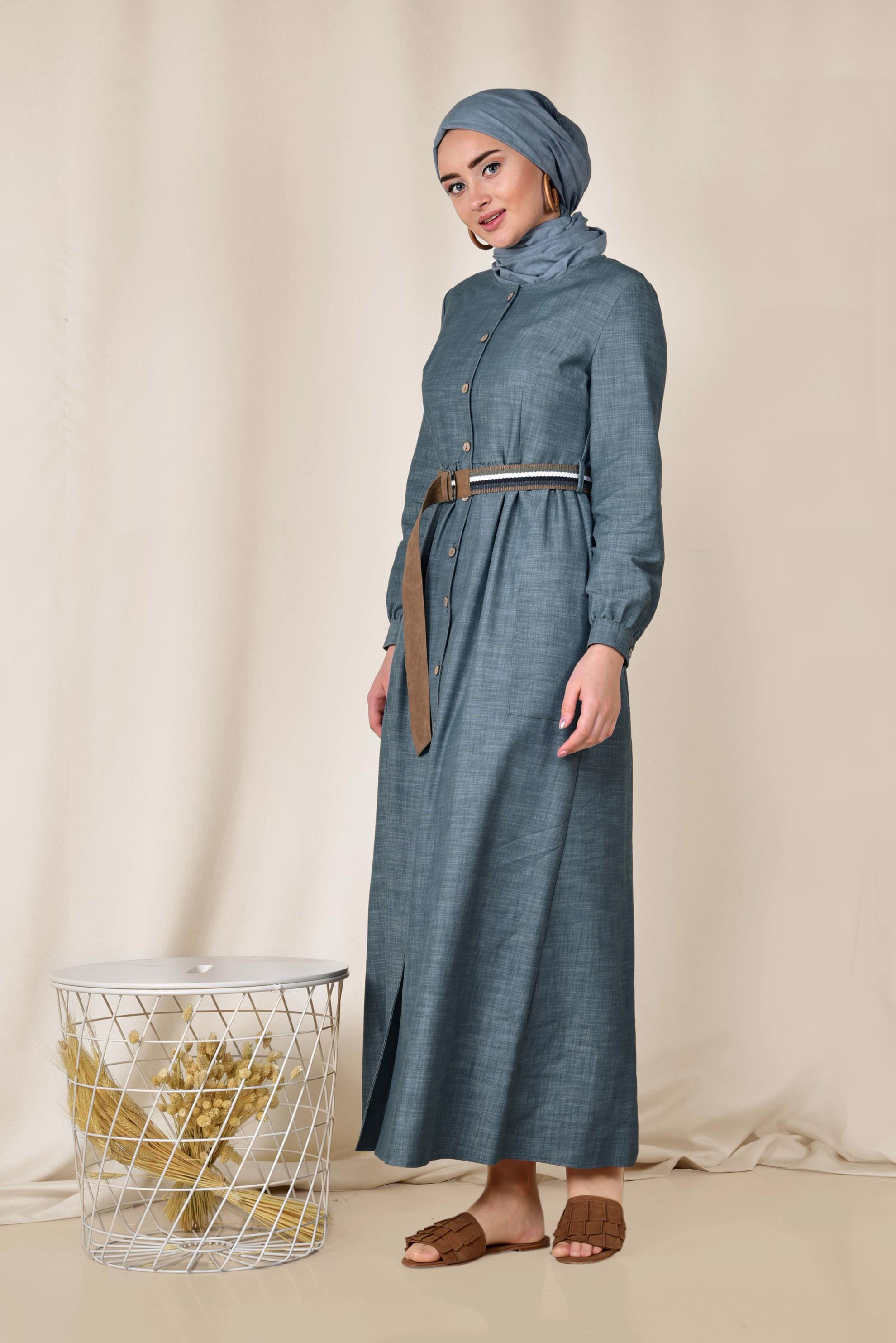 Tesettür giyim LACİVERT KEMERLİ DENİM ELBİSE 4129