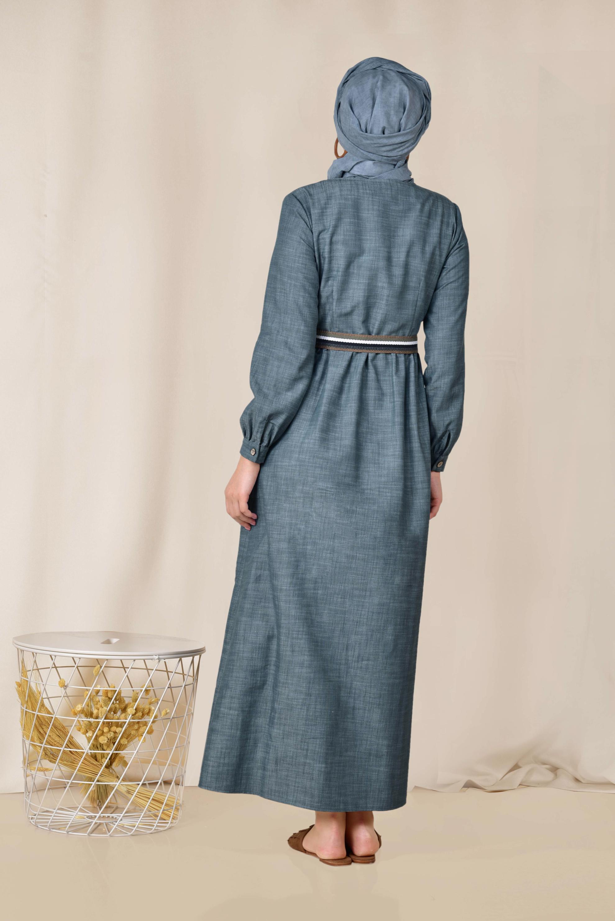 Tesettür giyim LACİVERT KEMERLİ DENİM ELBİSE 4129