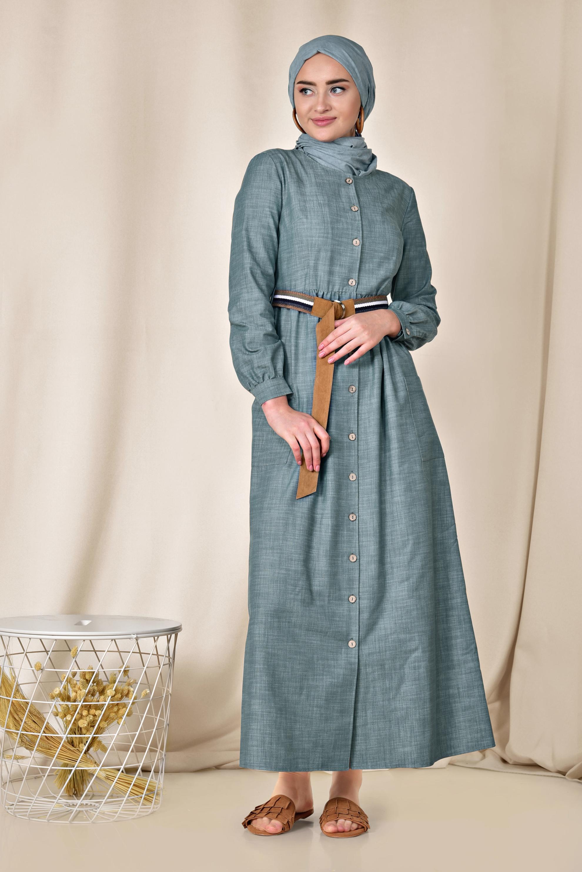 Tesettür giyim LACİVERT KEMERLİ DENİM ELBİSE 4129