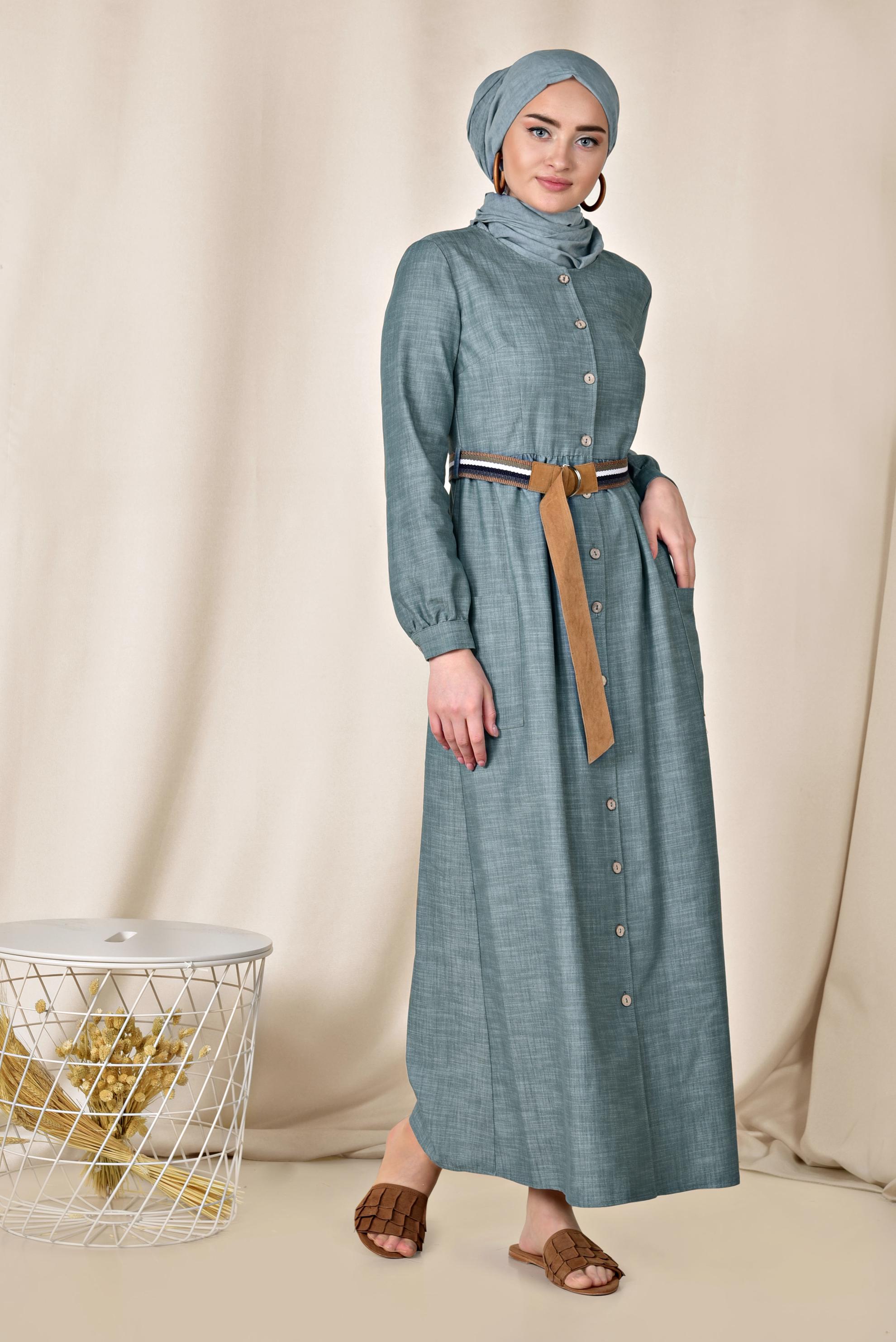 Tesettür giyim LACİVERT KEMERLİ DENİM ELBİSE 4129