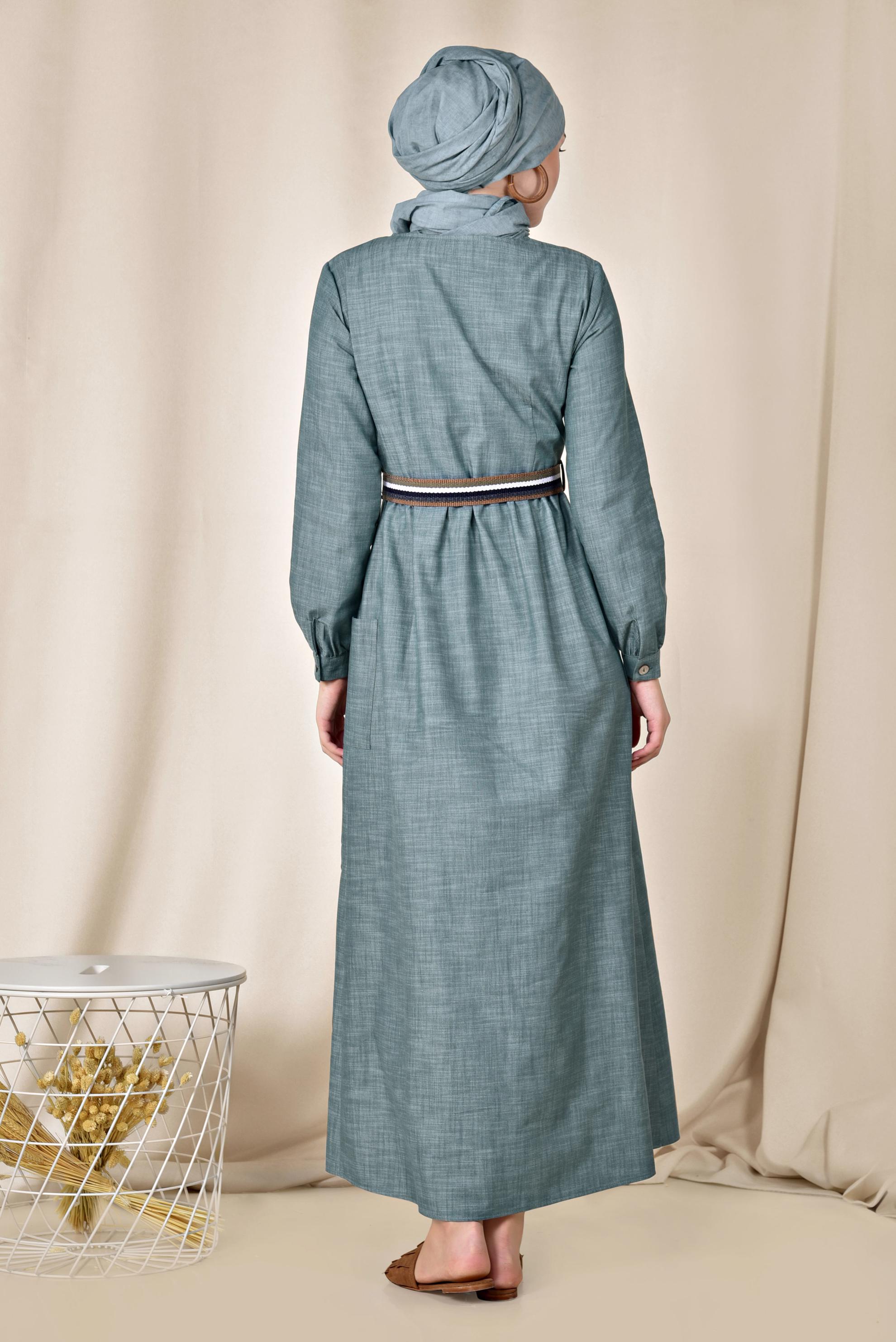 Tesettür giyim LACİVERT KEMERLİ DENİM ELBİSE 4129