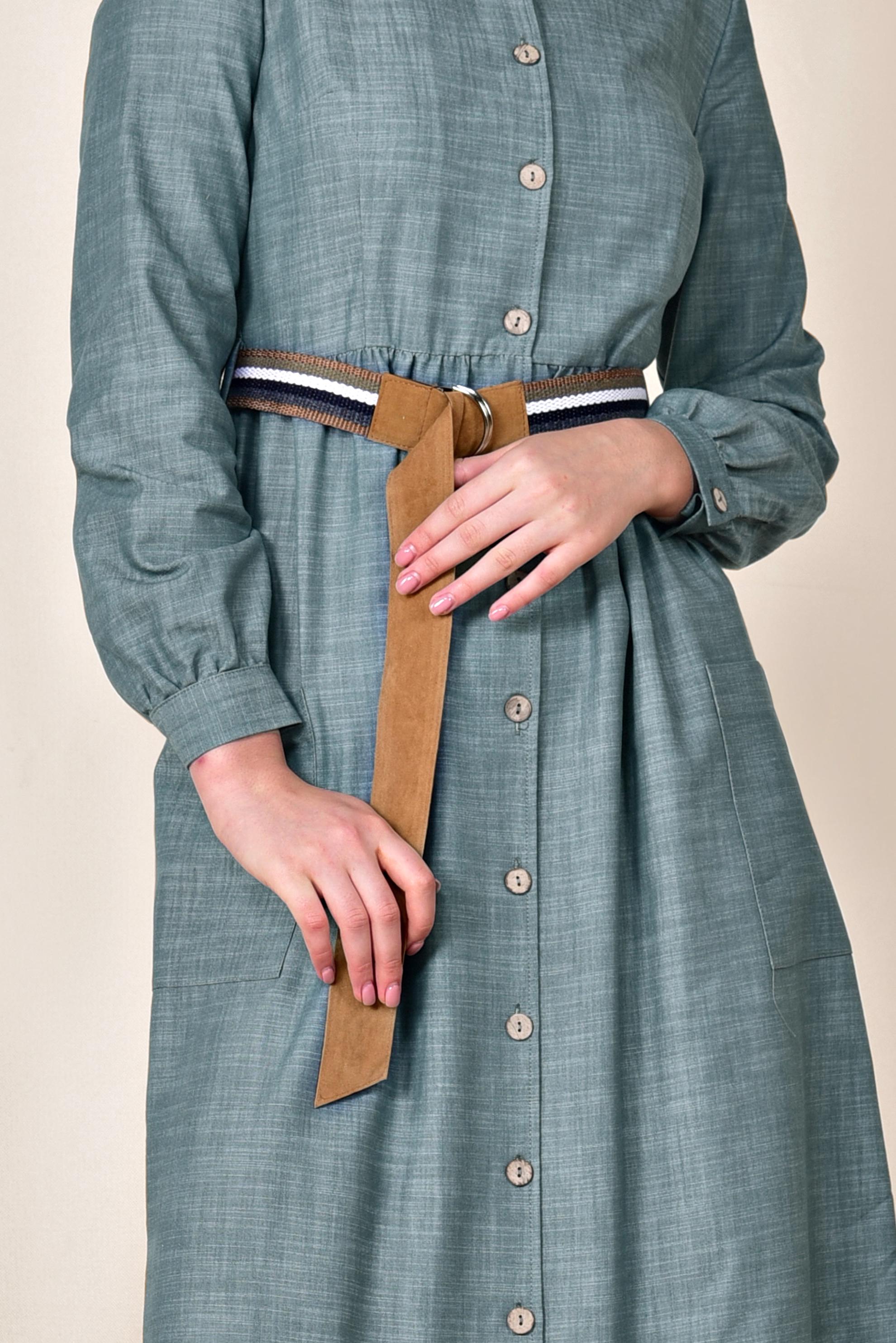 Tesettür giyim LACİVERT KEMERLİ DENİM ELBİSE 4129