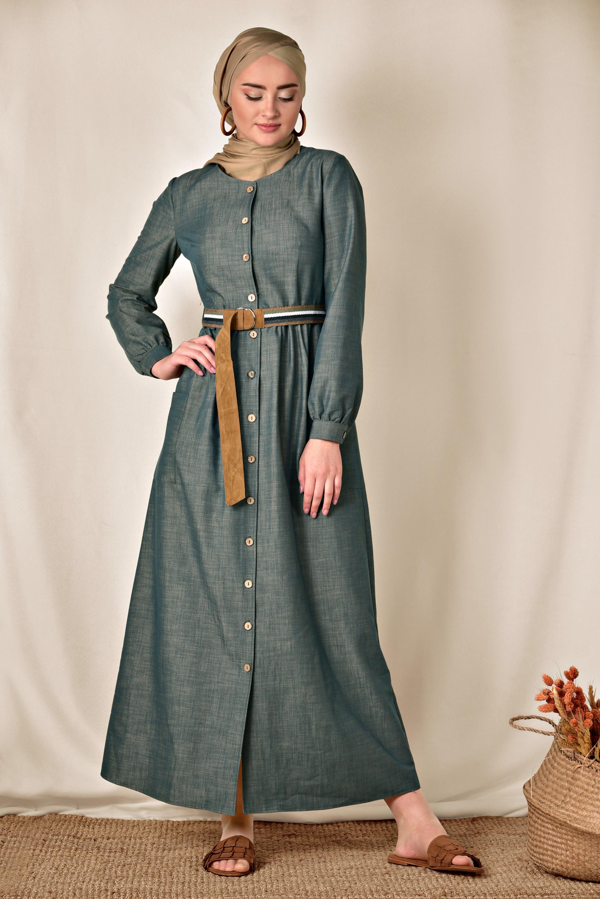 Tesettür giyim MAVİ KEMERLİ DENİM ELBİSE 4129