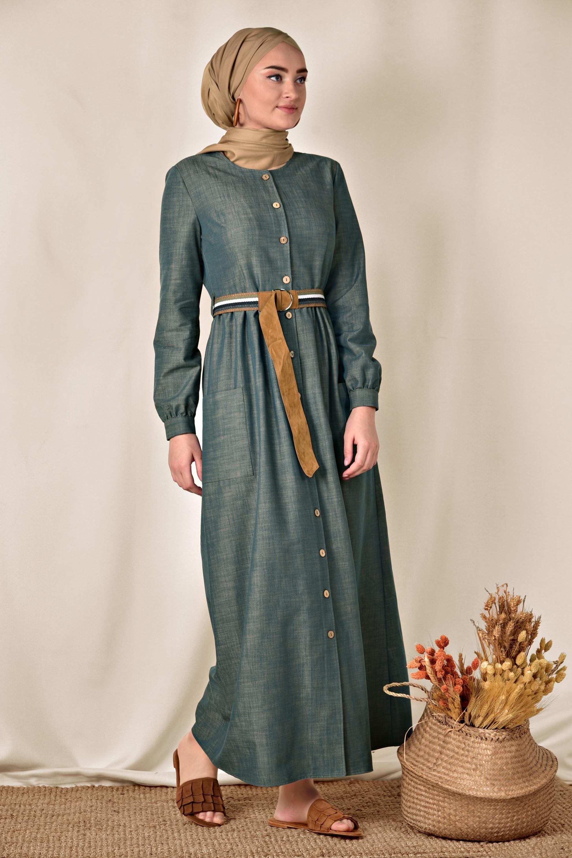 Tesettür giyim MAVİ KEMERLİ DENİM ELBİSE 4129