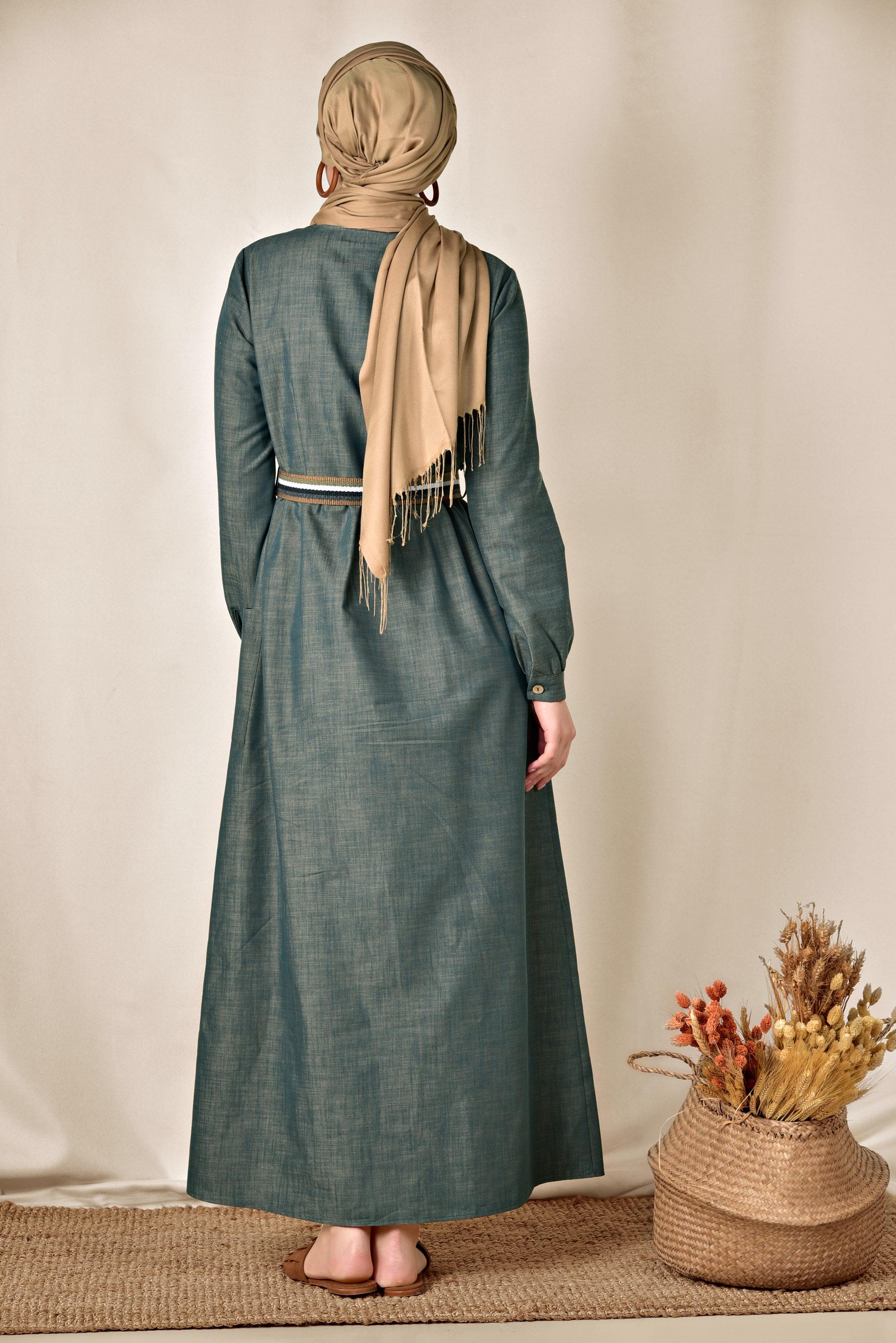 Tesettür giyim MAVİ KEMERLİ DENİM ELBİSE 4129