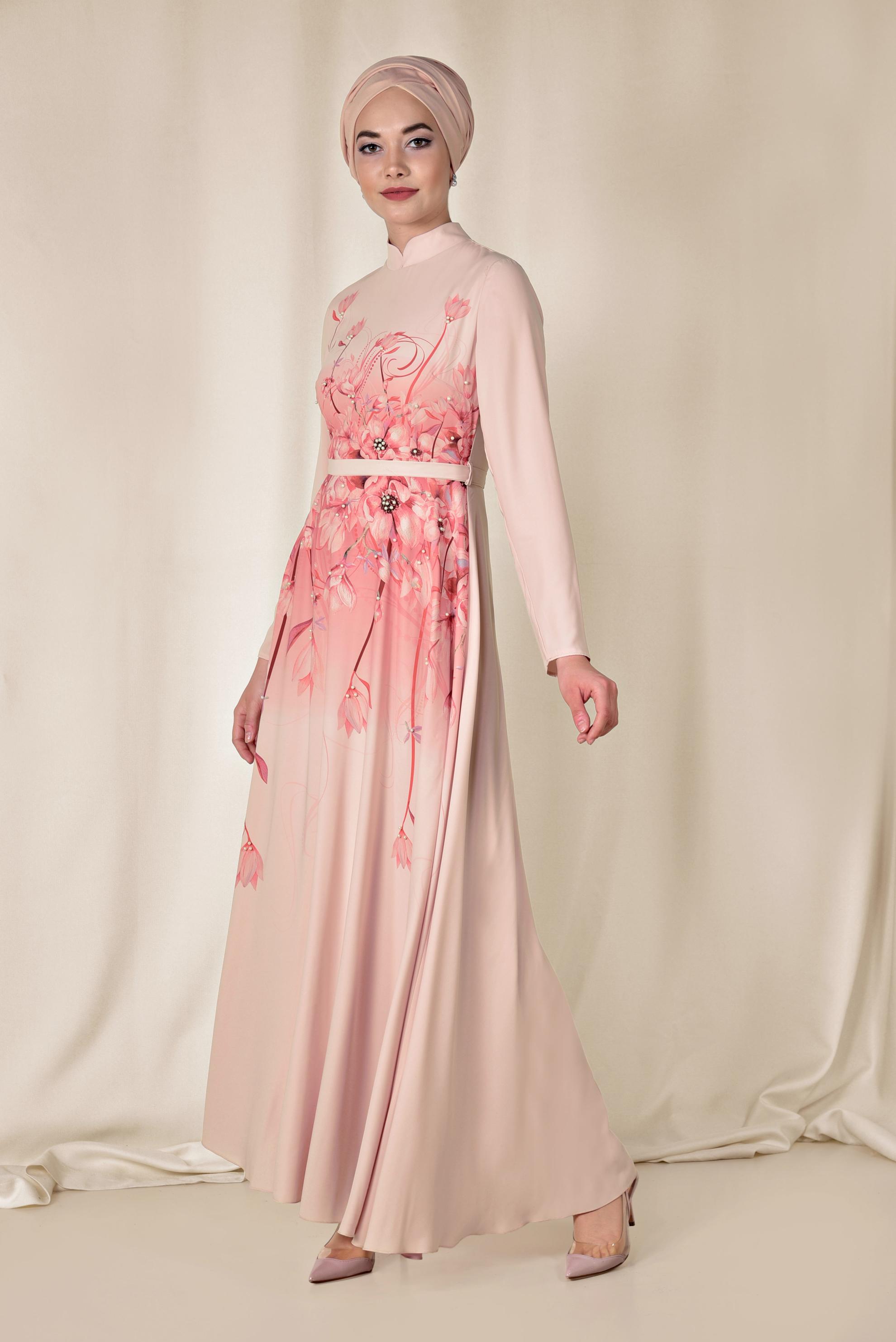 Tesettür giyim PUDRA FLORAL DESENLİ BELİ KUŞAKLI ELBİSE 4144