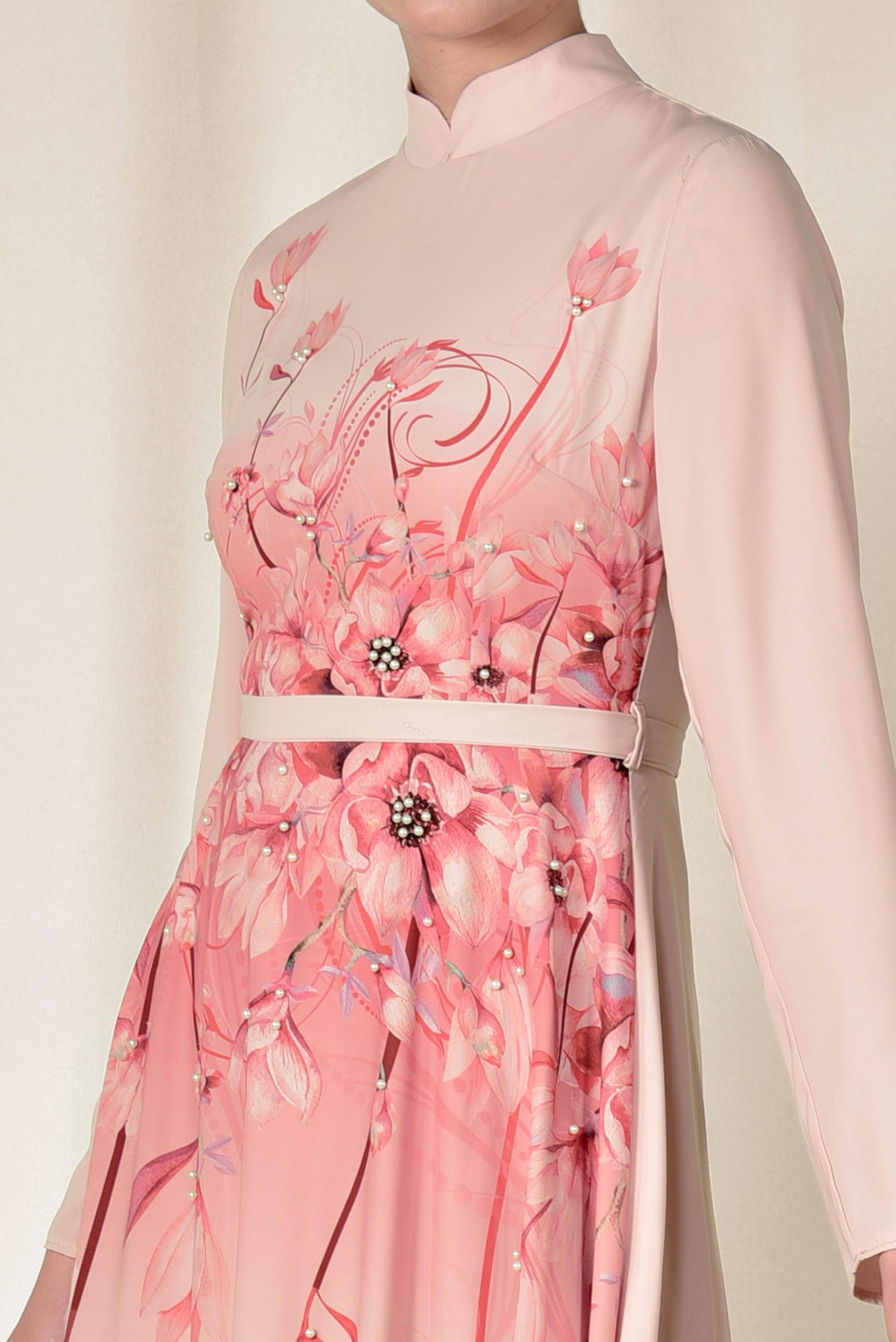 Tesettür giyim PUDRA FLORAL DESENLİ BELİ KUŞAKLI ELBİSE 4144