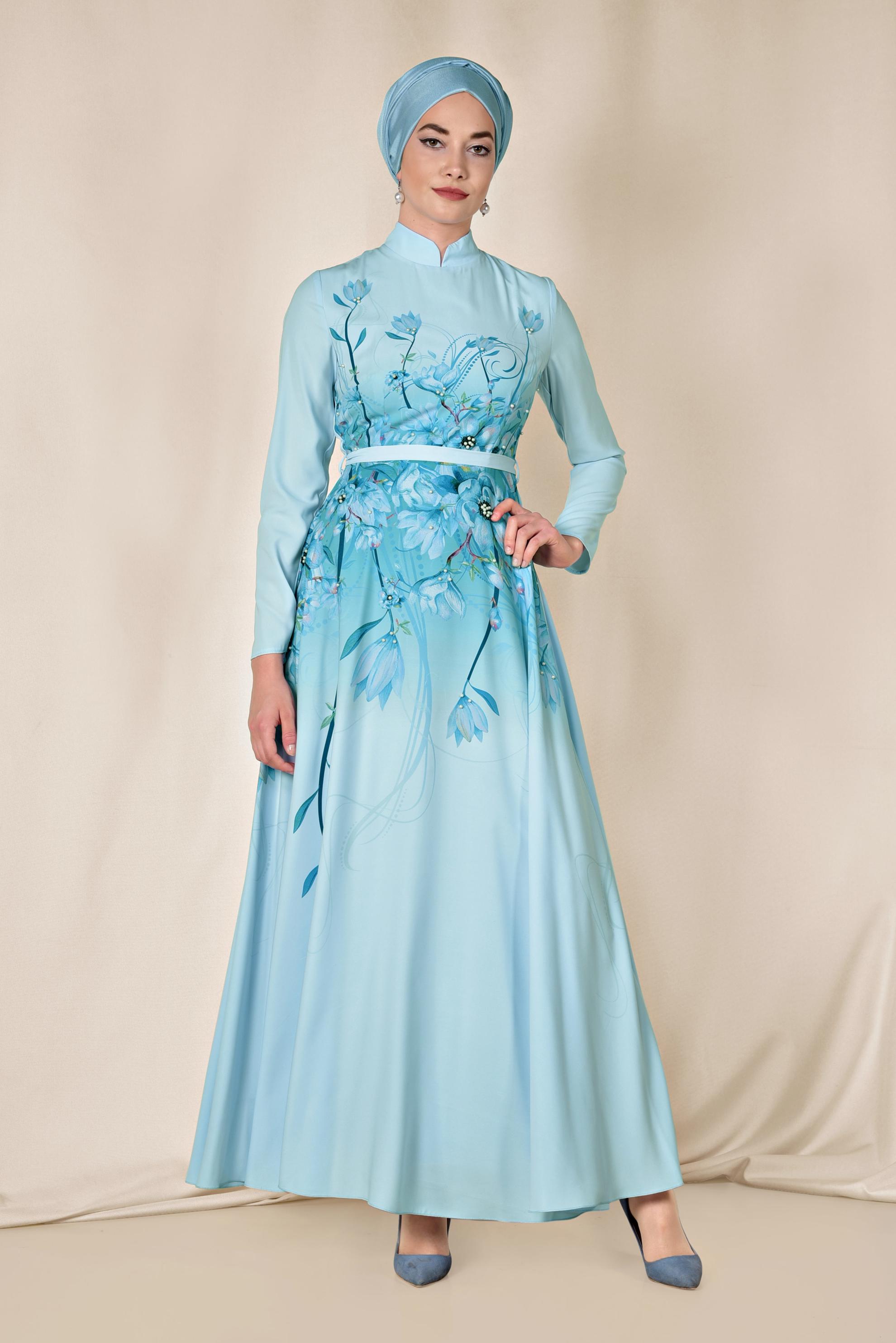 Tesettür giyim MAVİ FLORAL DESENLİ BELİ KUŞAKLI ELBİSE 4144