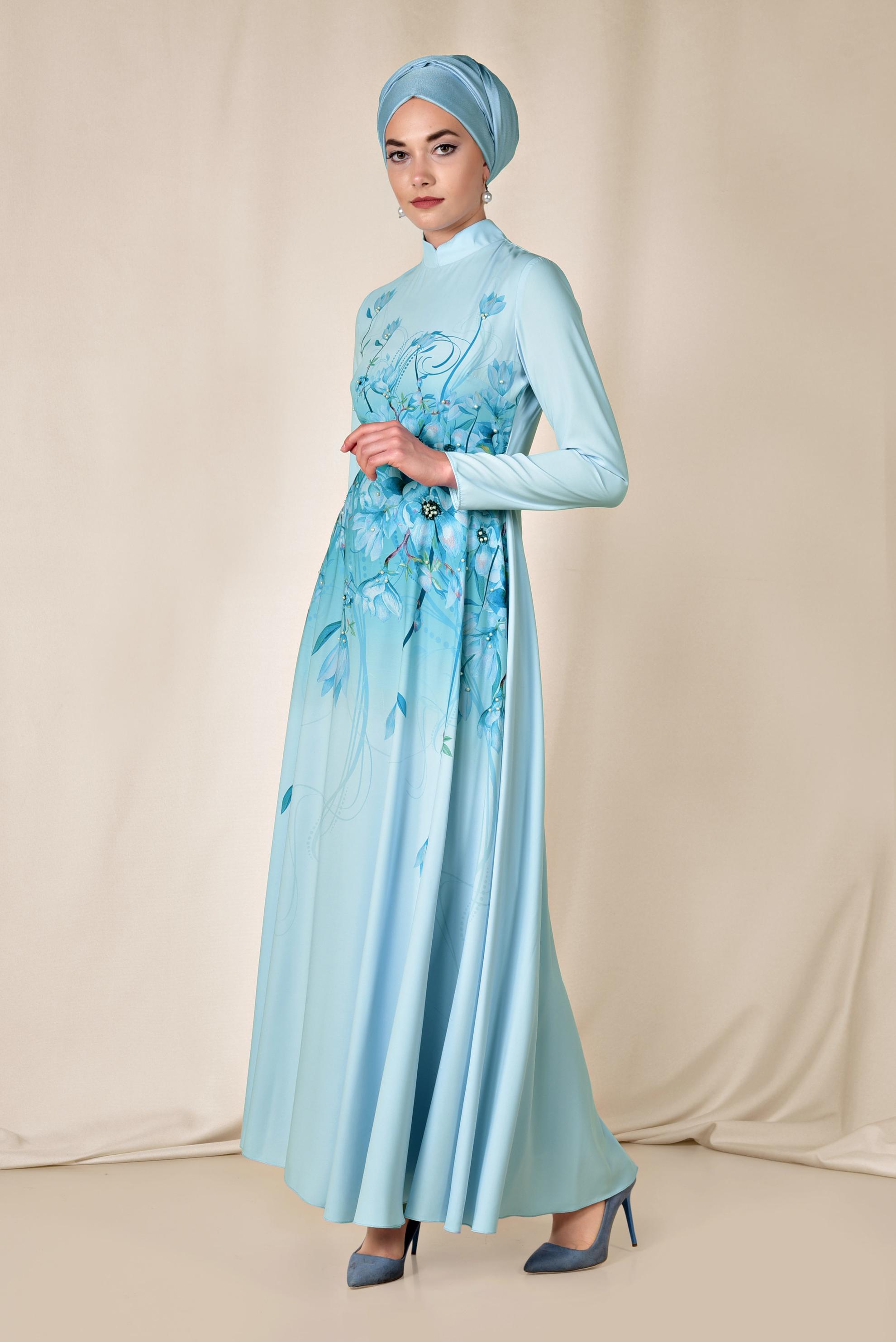 Tesettür giyim MAVİ FLORAL DESENLİ BELİ KUŞAKLI ELBİSE 4144