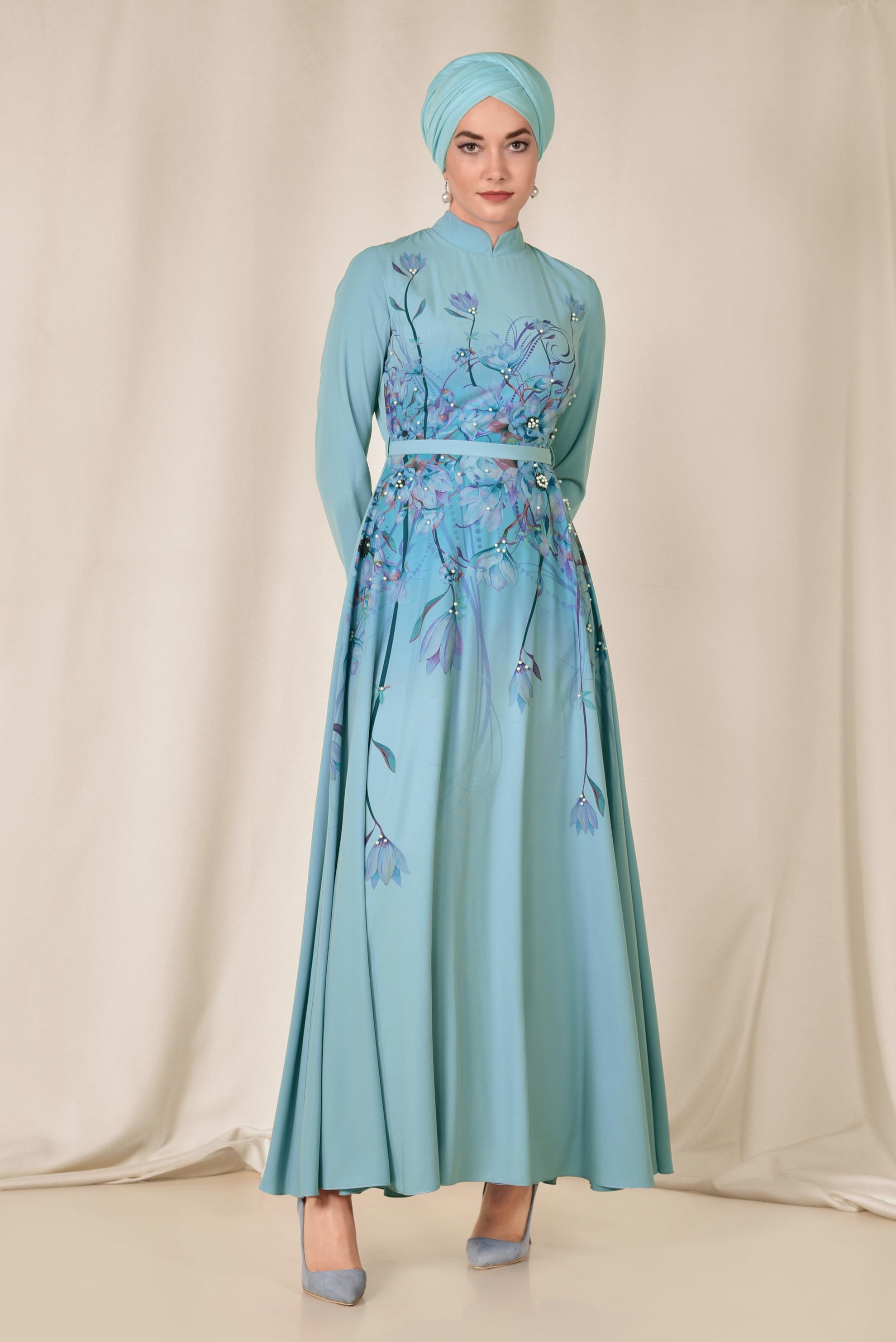 Tesettür giyim BEYAZ FLORAL DESENLİ BELİ KUŞAKLI ELBİSE 4144