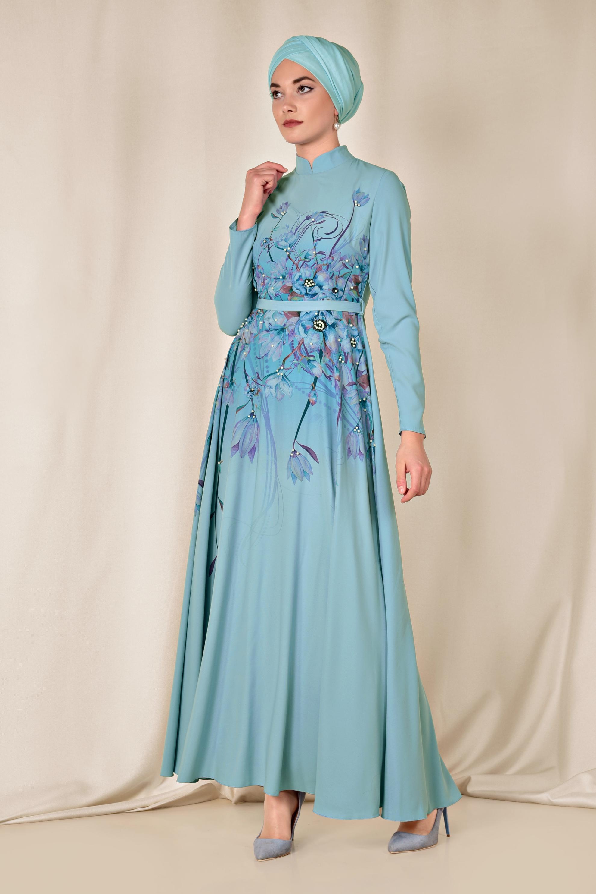 Tesettür giyim BEYAZ FLORAL DESENLİ BELİ KUŞAKLI ELBİSE 4144