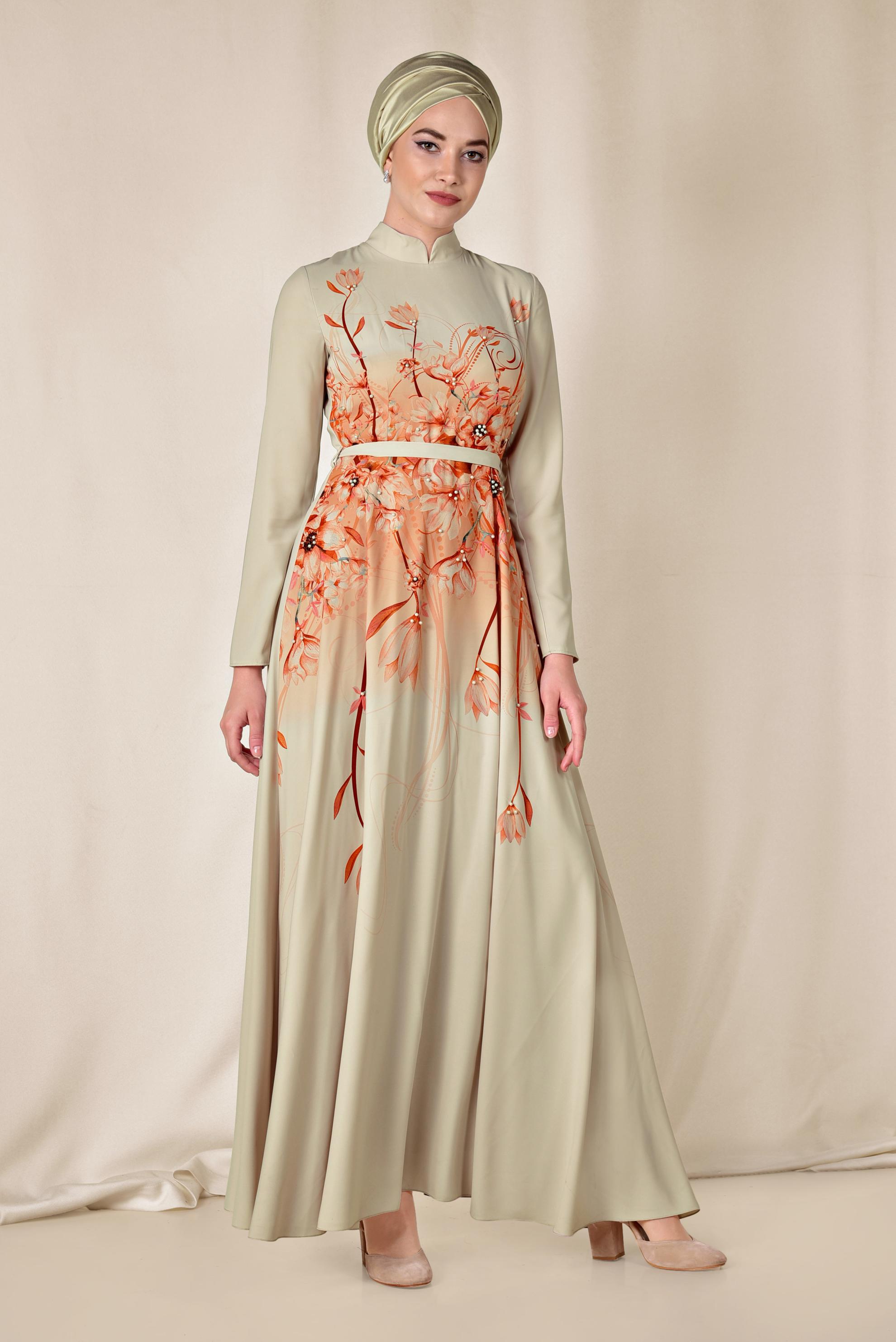 Tesettür giyim EKRU FLORAL DESENLİ BELİ KUŞAKLI ELBİSE 4144