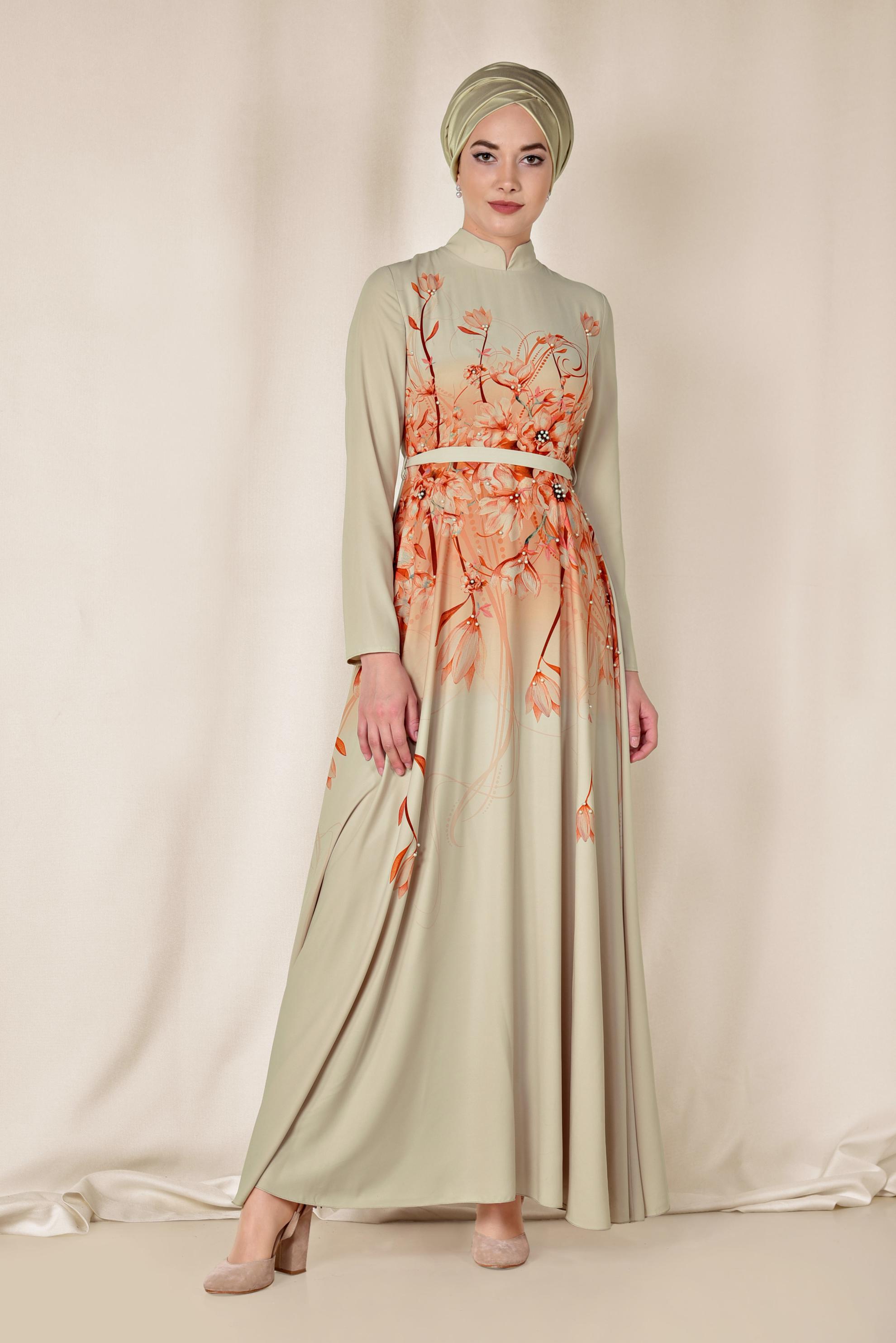 Tesettür giyim EKRU FLORAL DESENLİ BELİ KUŞAKLI ELBİSE 4144