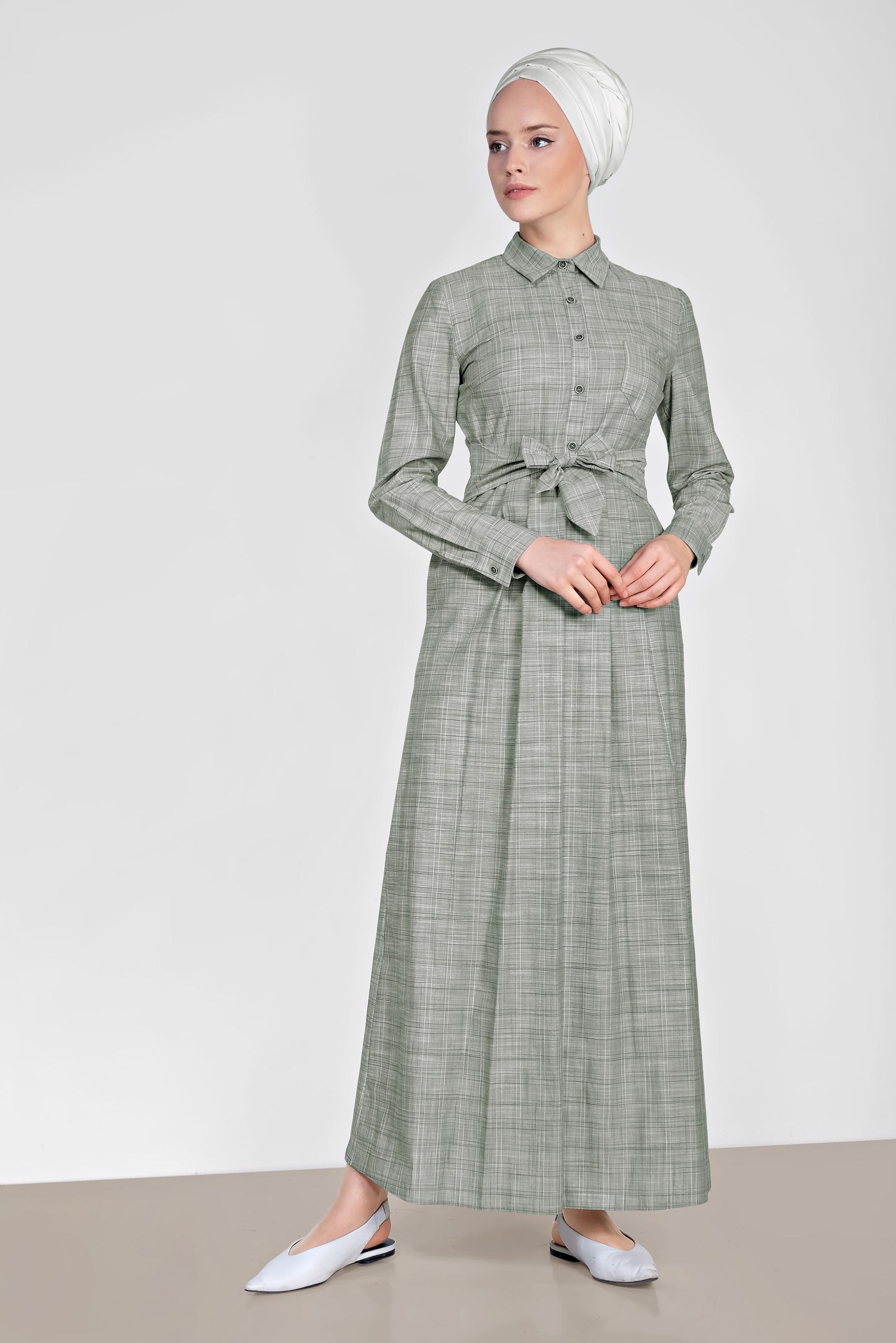 Tesettür giyim HAKİ EKOSE DESENLİ CEPLİ ELBİSE 4167