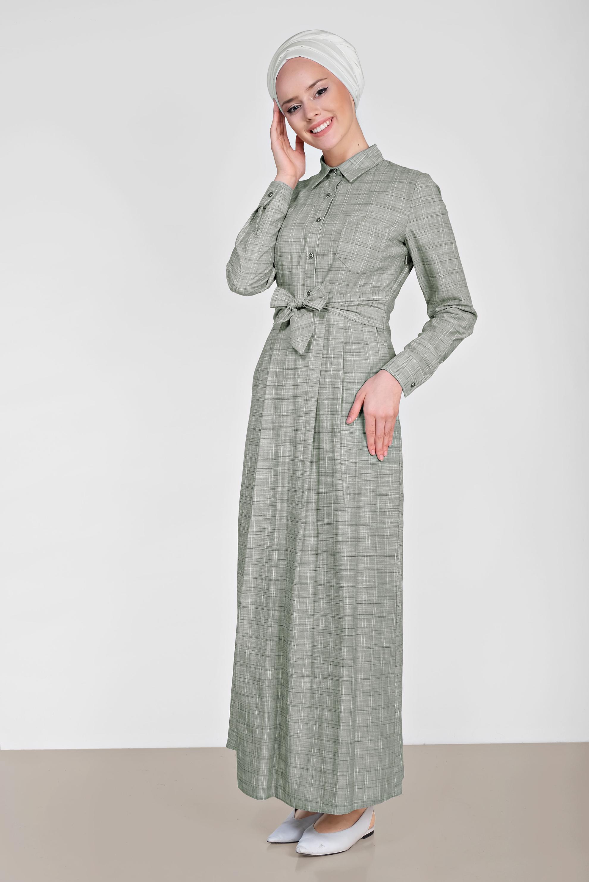 Tesettür giyim HAKİ EKOSE DESENLİ CEPLİ ELBİSE 4167