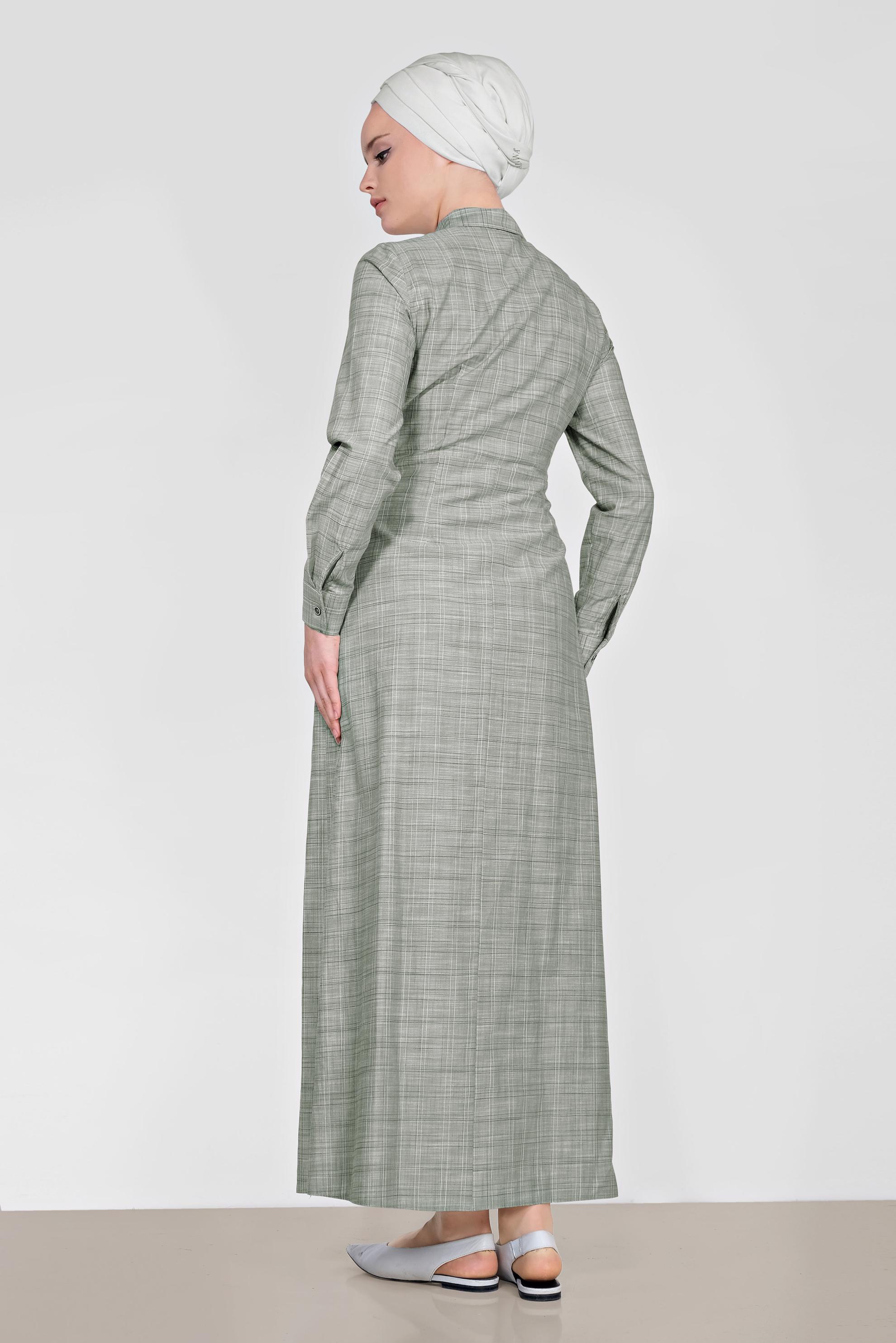 Tesettür giyim HAKİ EKOSE DESENLİ CEPLİ ELBİSE 4167