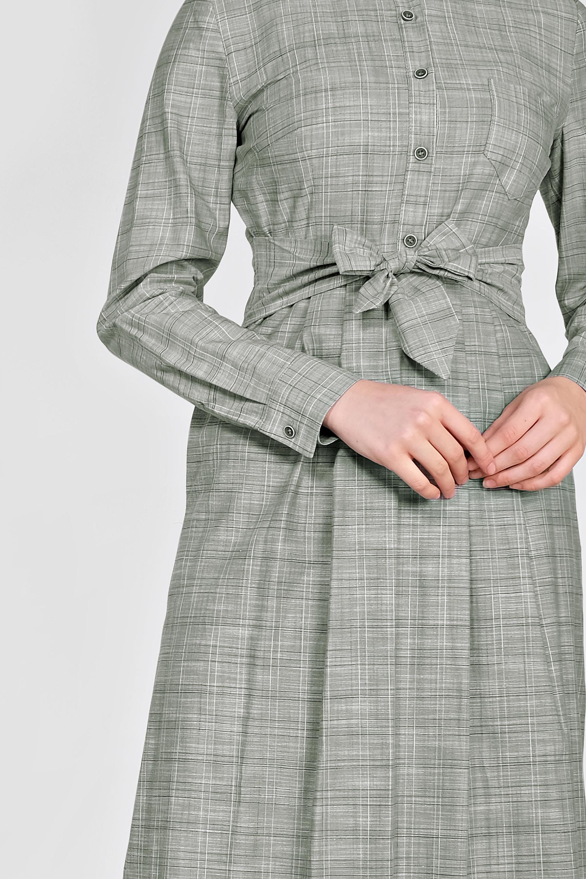 Tesettür giyim HAKİ EKOSE DESENLİ CEPLİ ELBİSE 4167