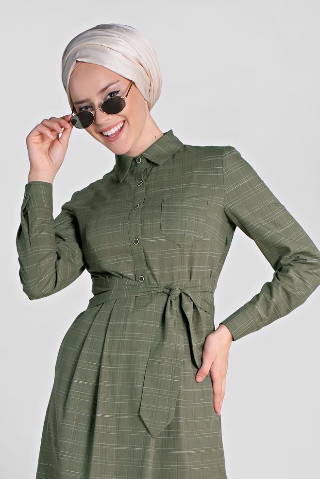 Tesettür giyim  EKOSE DESENLİ CEPLİ ELBİSE 4167 - ALVİNA