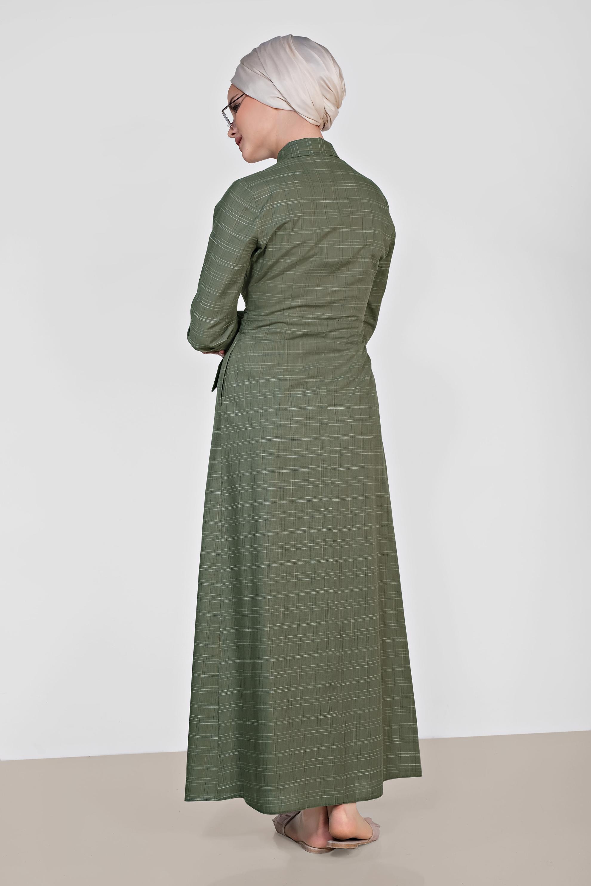 Tesettür giyim HAKİ EKOSE DESENLİ CEPLİ ELBİSE 4167