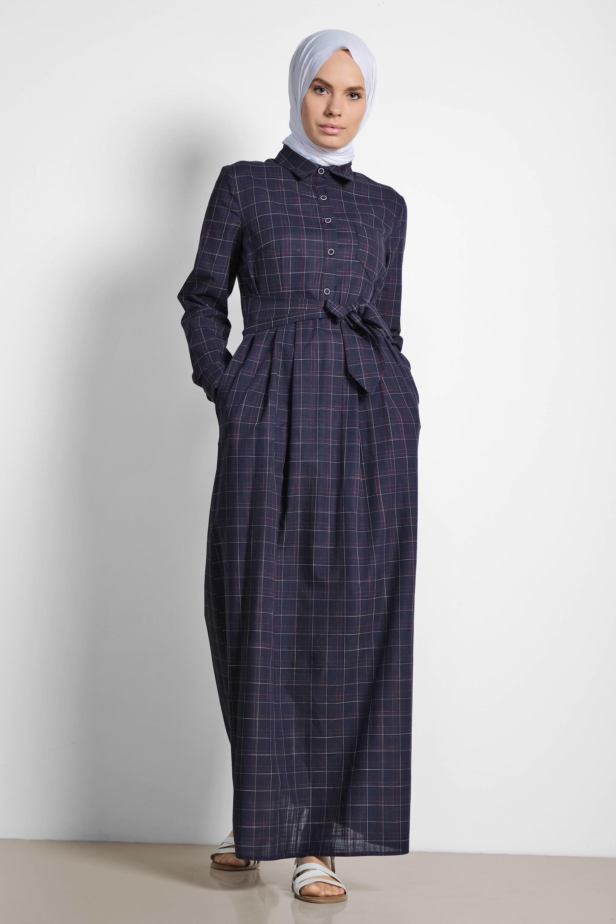 Tesettür giyim LACİVERT EKOSE DESENLİ CEPLİ ELBİSE 4167