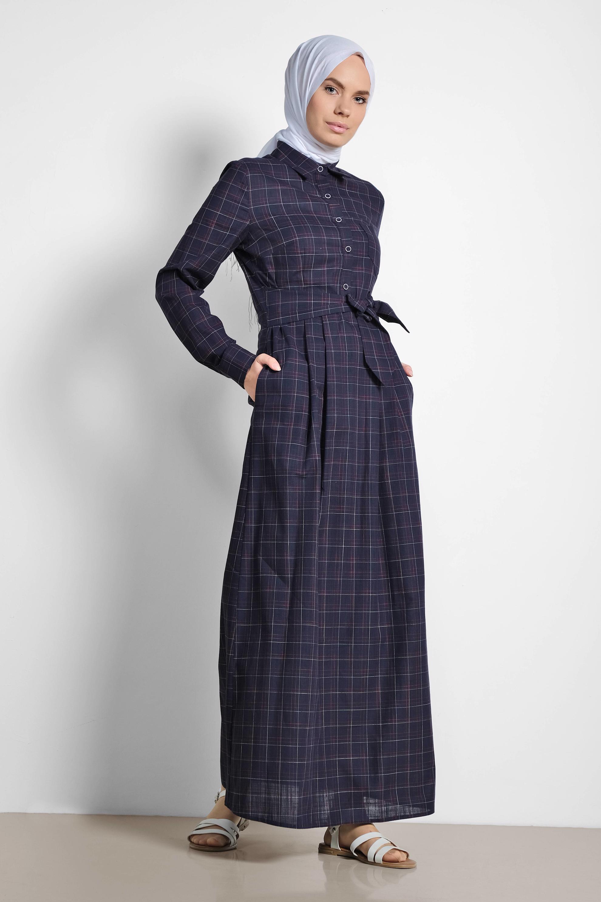 Tesettür giyim LACİVERT EKOSE DESENLİ CEPLİ ELBİSE 4167