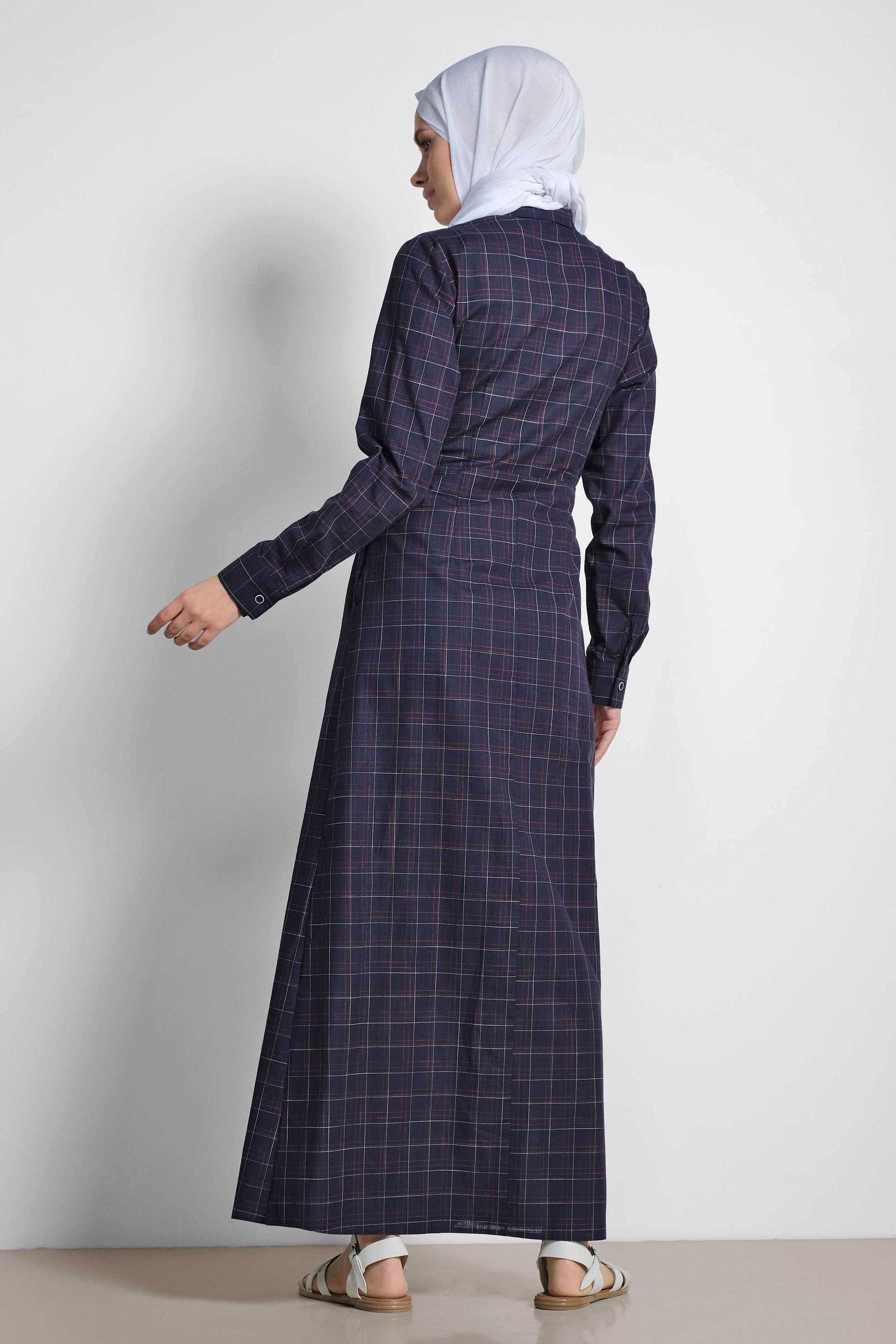 Tesettür giyim LACİVERT EKOSE DESENLİ CEPLİ ELBİSE 4167