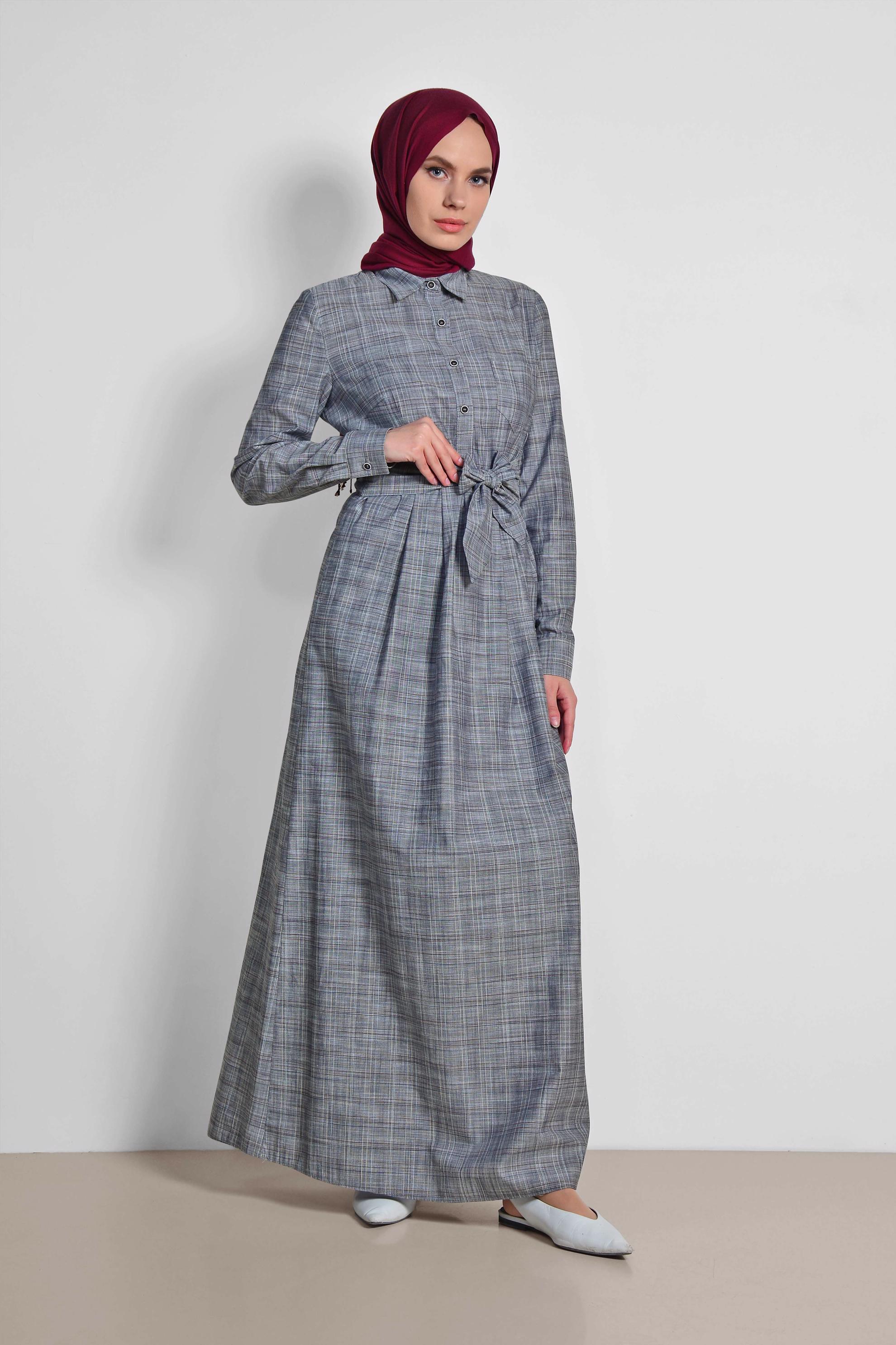 Tesettür giyim LACİVERT EKOSE DESENLİ CEPLİ ELBİSE 4167