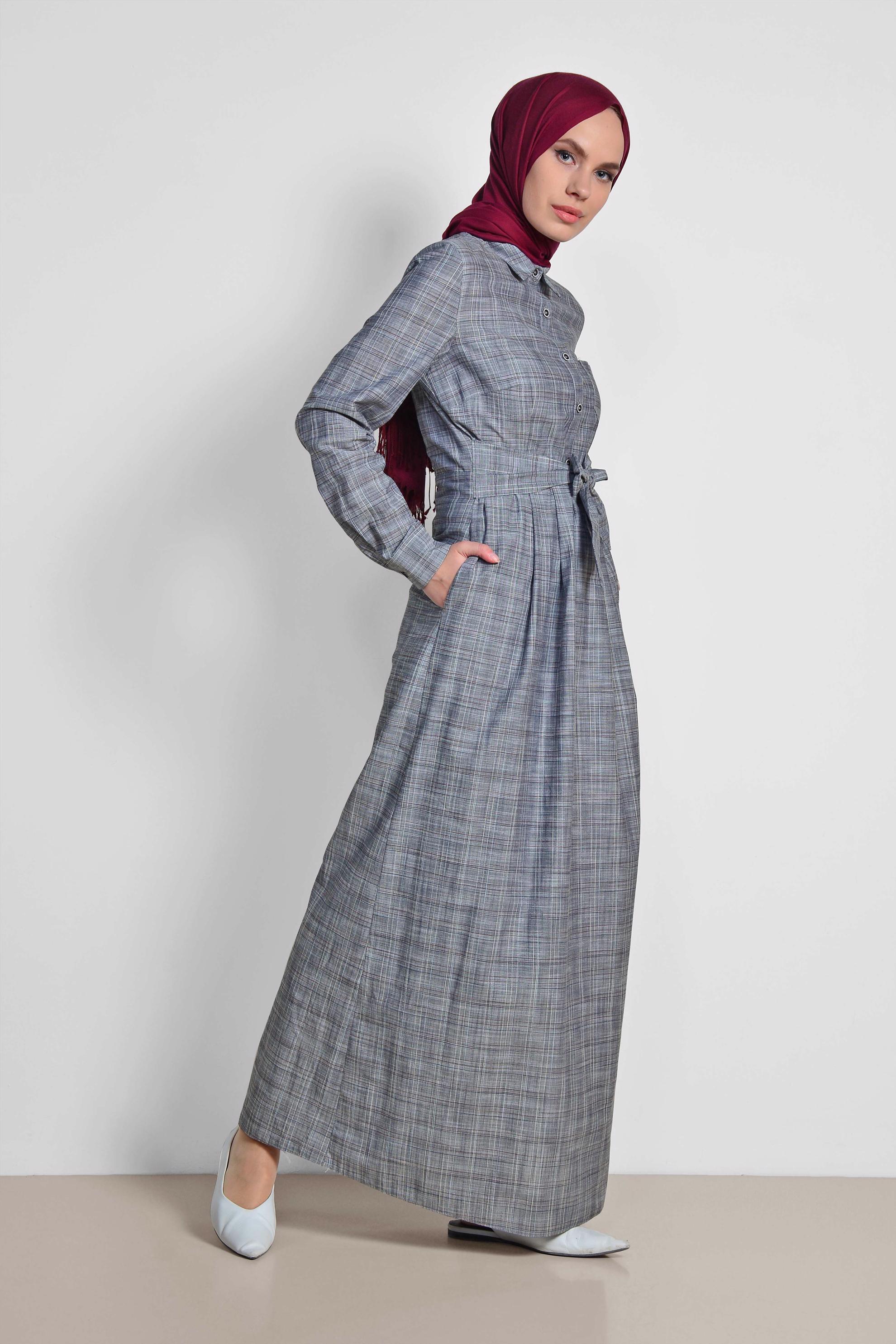 Tesettür giyim LACİVERT EKOSE DESENLİ CEPLİ ELBİSE 4167