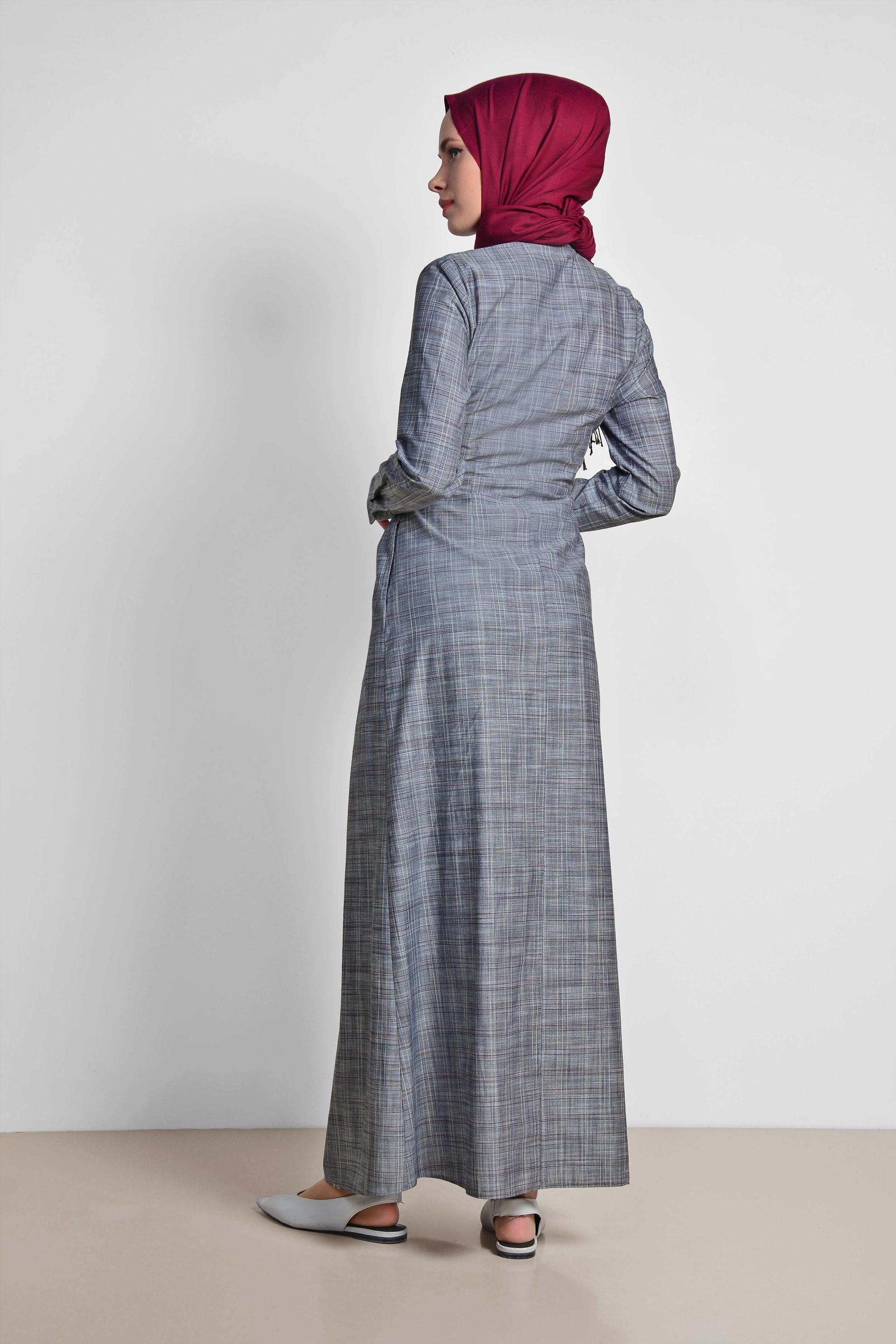 Tesettür giyim LACİVERT EKOSE DESENLİ CEPLİ ELBİSE 4167