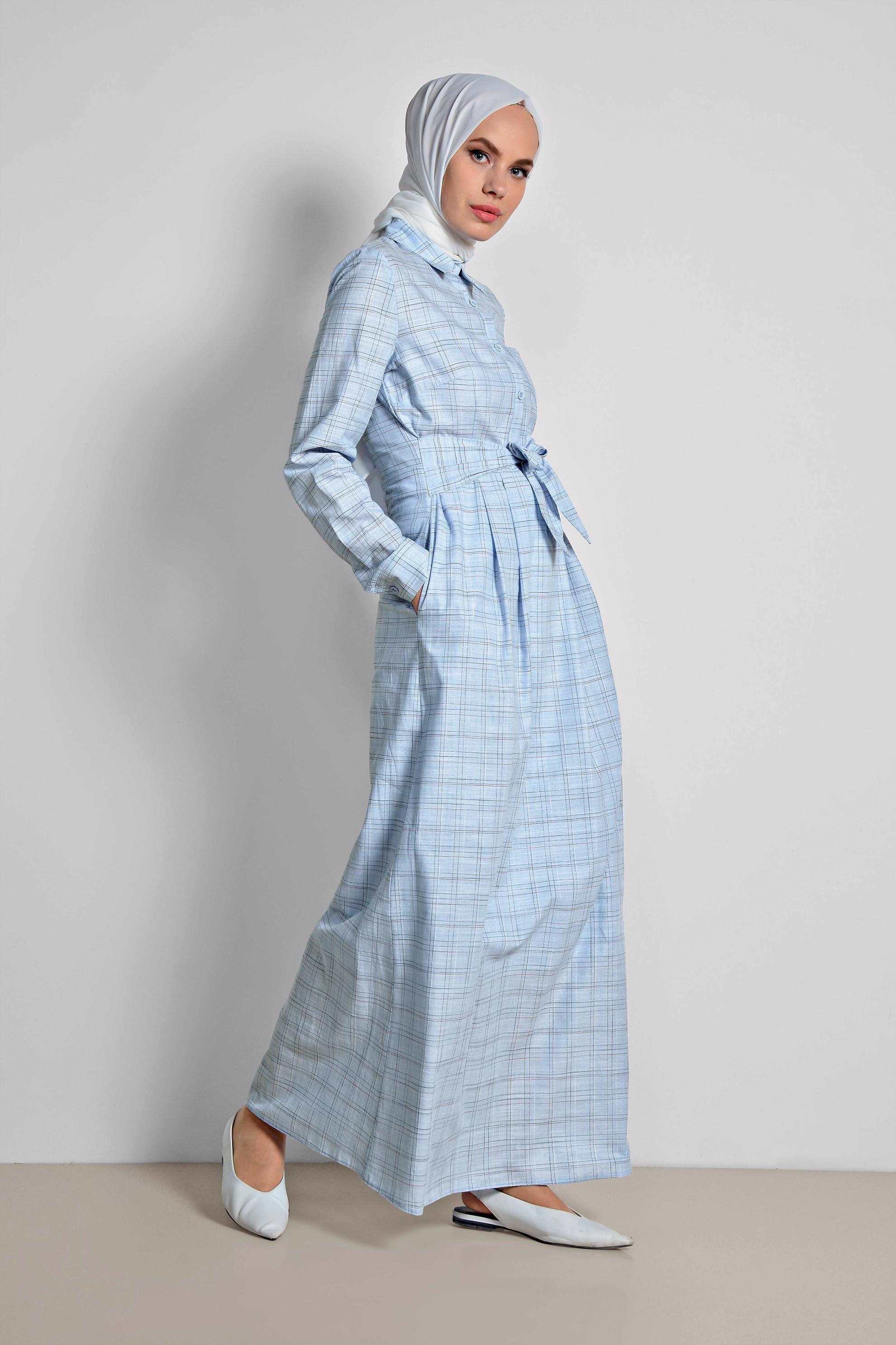 Tesettür giyim MAVİ EKOSE DESENLİ CEPLİ ELBİSE 4167