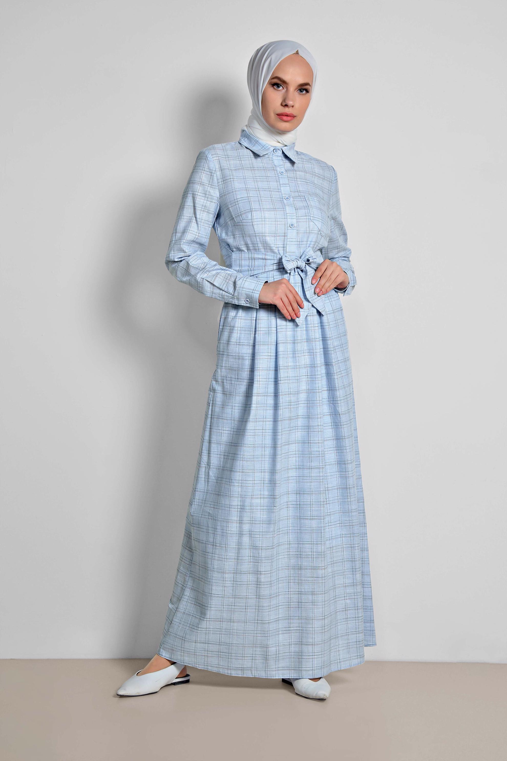 Tesettür giyim MAVİ EKOSE DESENLİ CEPLİ ELBİSE 4167