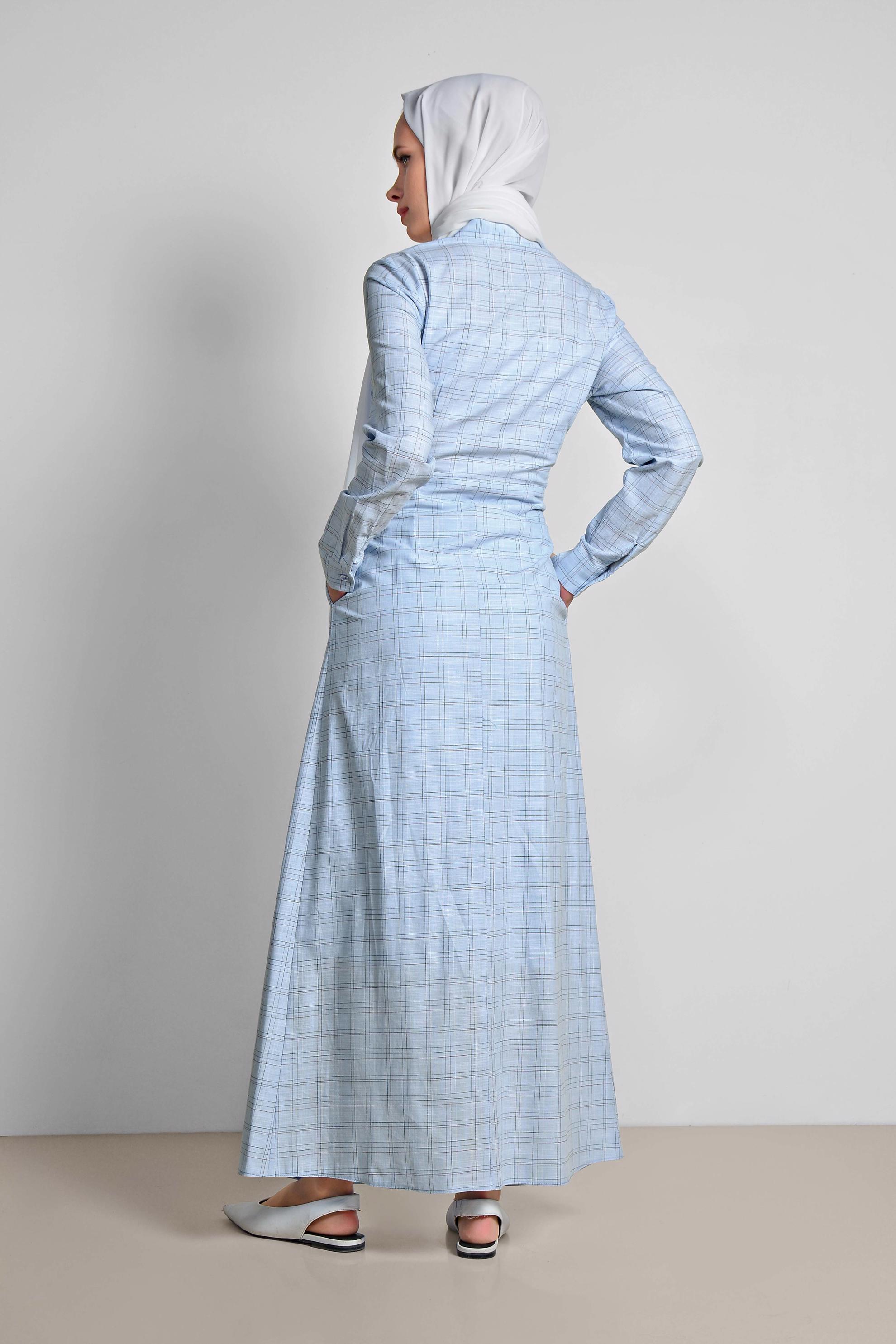 Tesettür giyim MAVİ EKOSE DESENLİ CEPLİ ELBİSE 4167