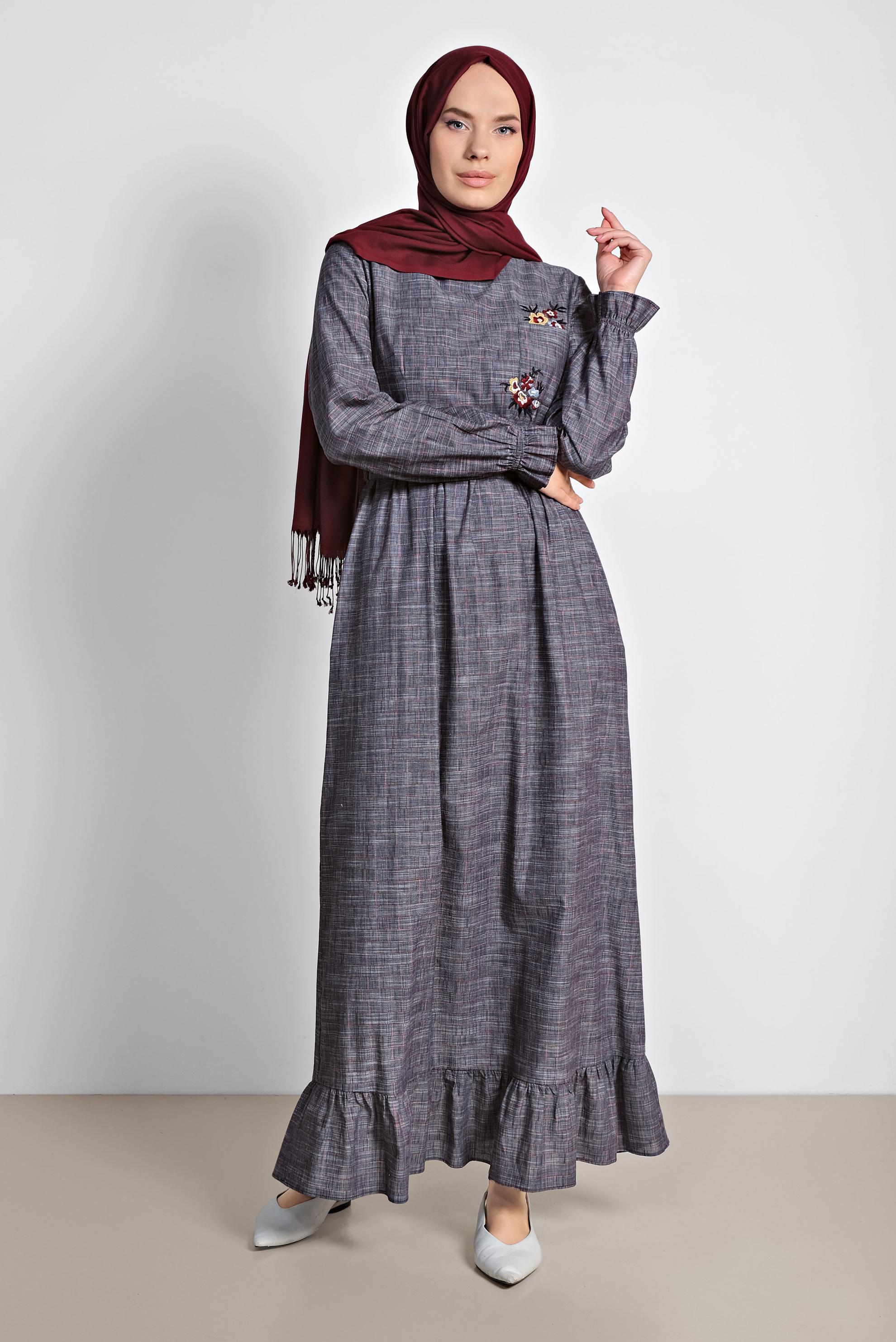 Tesettür giyim LACİVERT KARE DESENLİ NAKIŞ İŞLEMELİ ELBİSE 4168