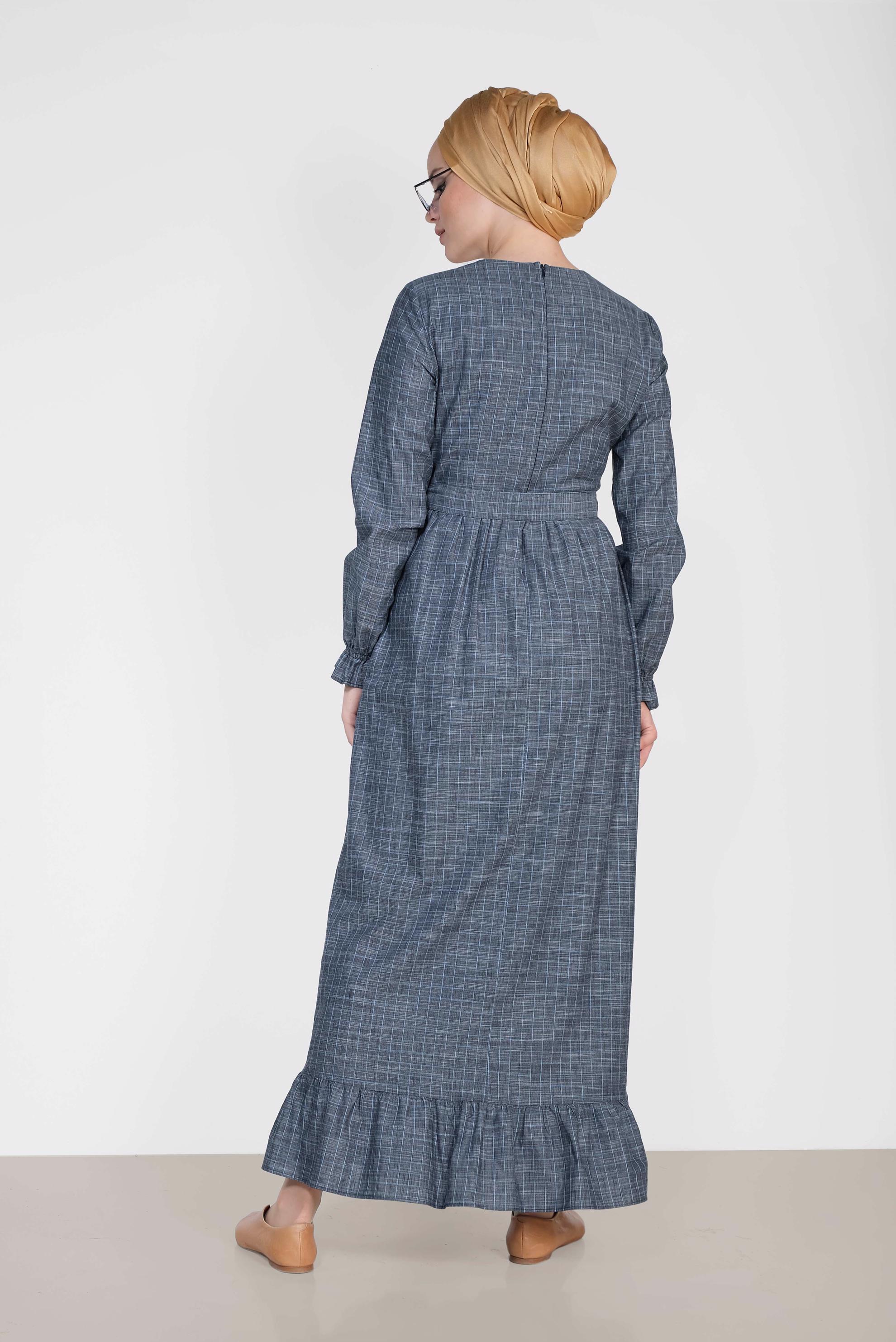 Tesettür giyim LACİVERT KARE DESENLİ NAKIŞ İŞLEMELİ ELBİSE 4168