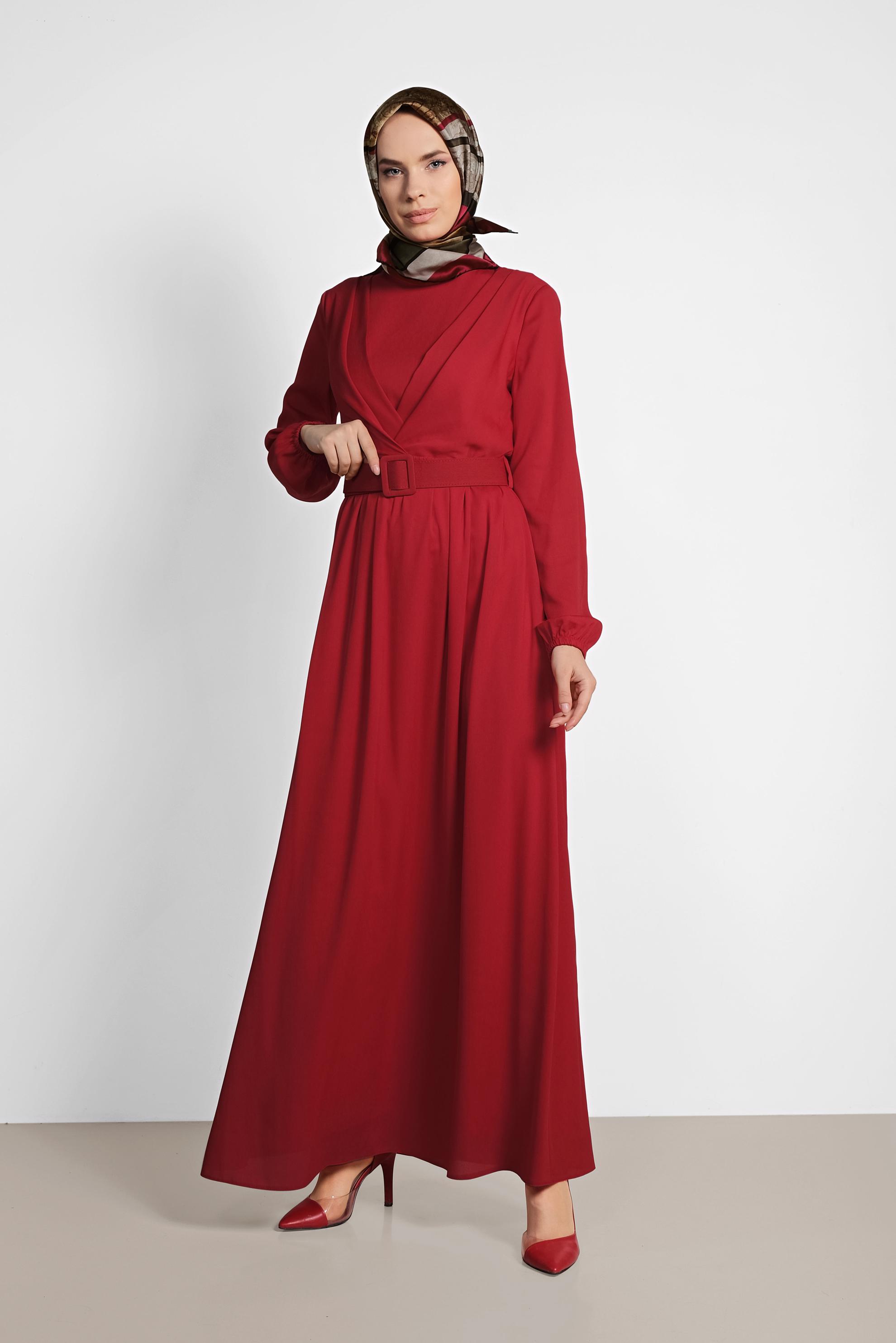 Tesettür giyim KIRMIZI BELDEN KEMERLİ UZUN ELBİSE 4169