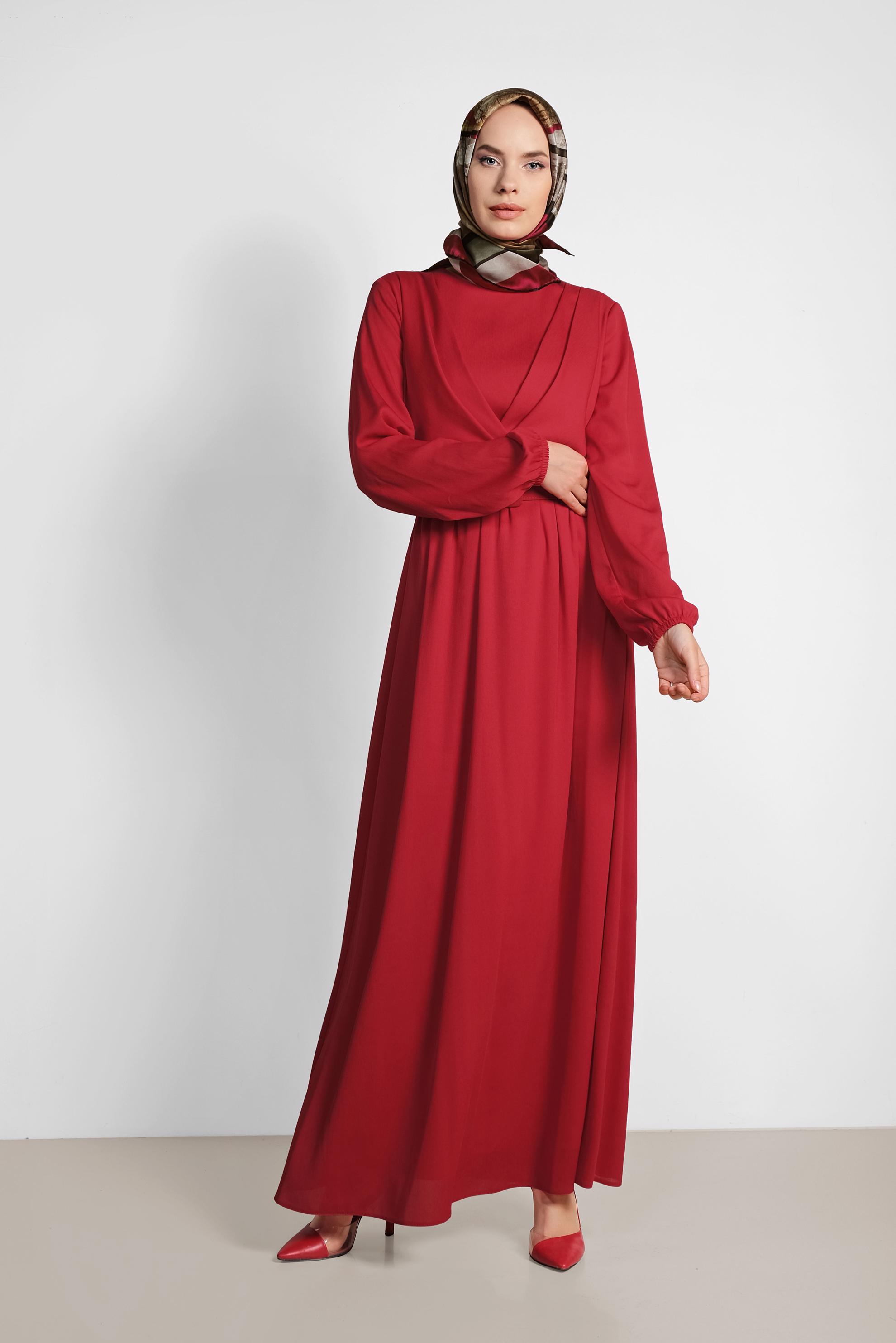 Tesettür giyim KIRMIZI BELDEN KEMERLİ UZUN ELBİSE 4169