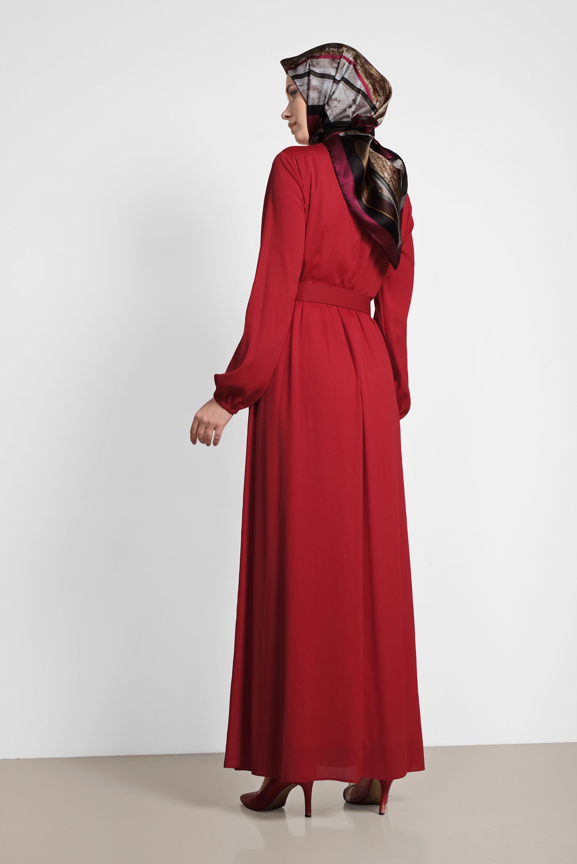 Tesettür giyim KIRMIZI BELDEN KEMERLİ UZUN ELBİSE 4169