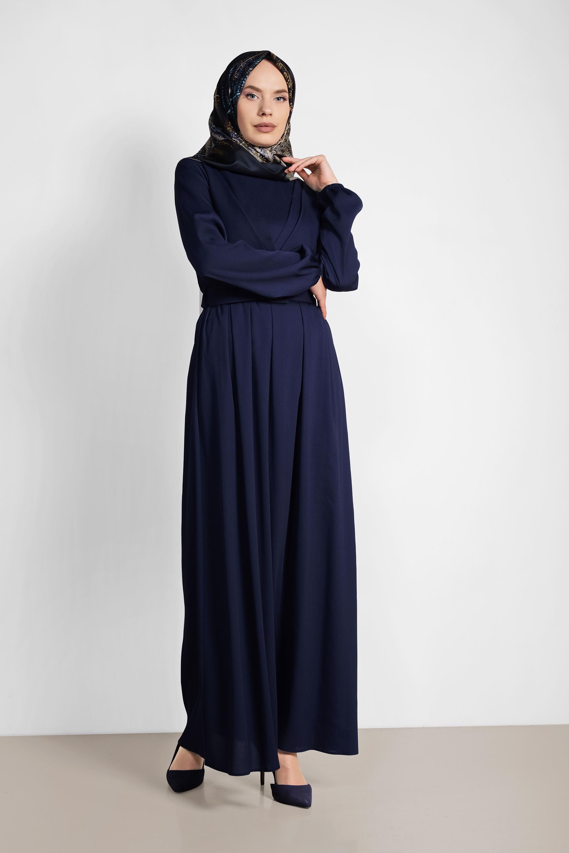 Tesettür giyim LACİVERT BELDEN KEMERLİ UZUN ELBİSE 4169