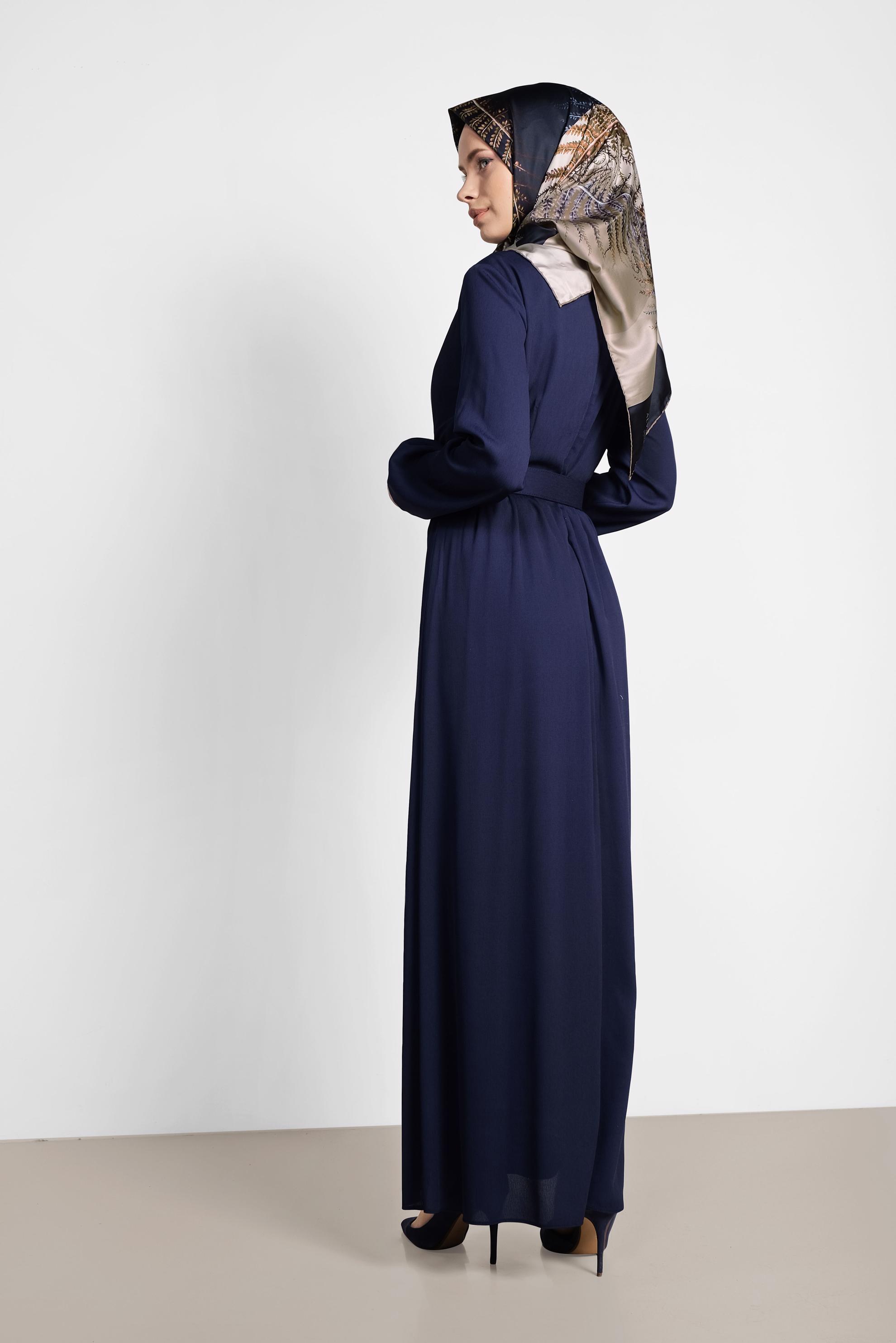 Tesettür giyim LACİVERT BELDEN KEMERLİ UZUN ELBİSE 4169